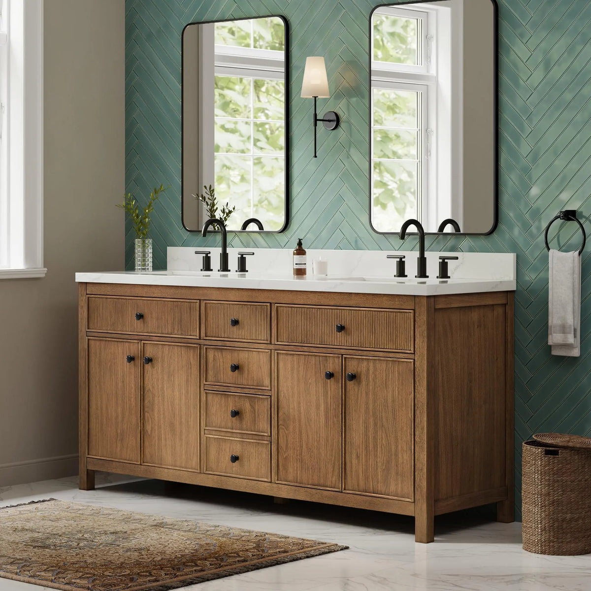 72" Rian Double Bathroom Vanity Toasted Walnut Matte Black Trim by wyndham View 8