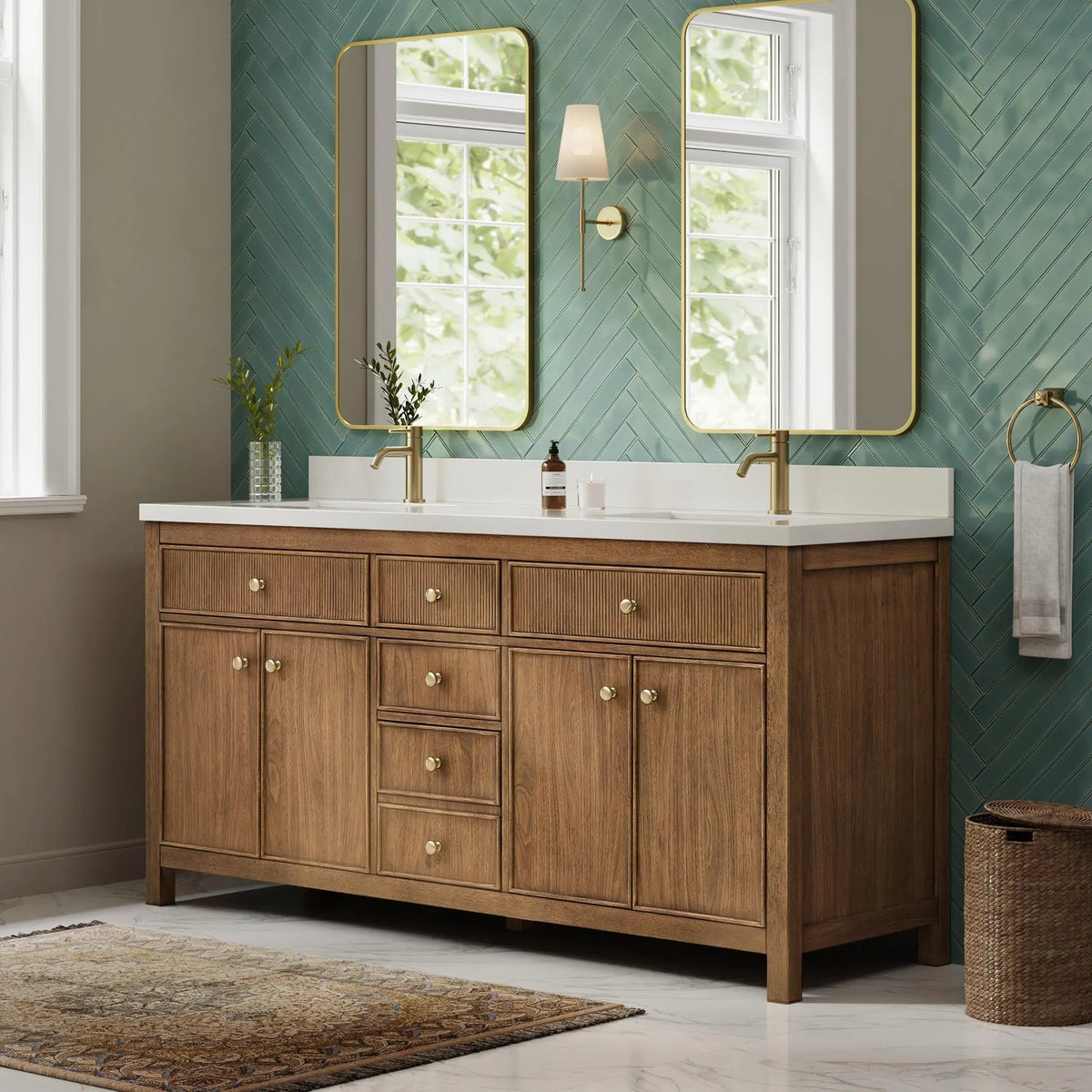 72" Rian Double Bathroom Vanity Toasted Walnut Satin Bronze Trim by wyndham View 12