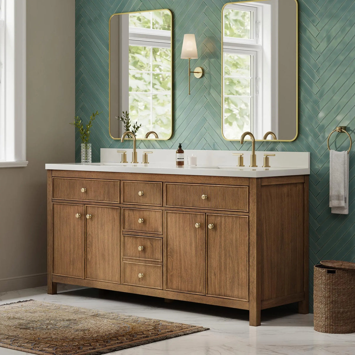 72" Rian Double Bathroom Vanity Toasted Walnut Satin Bronze Trim by wyndham View 16