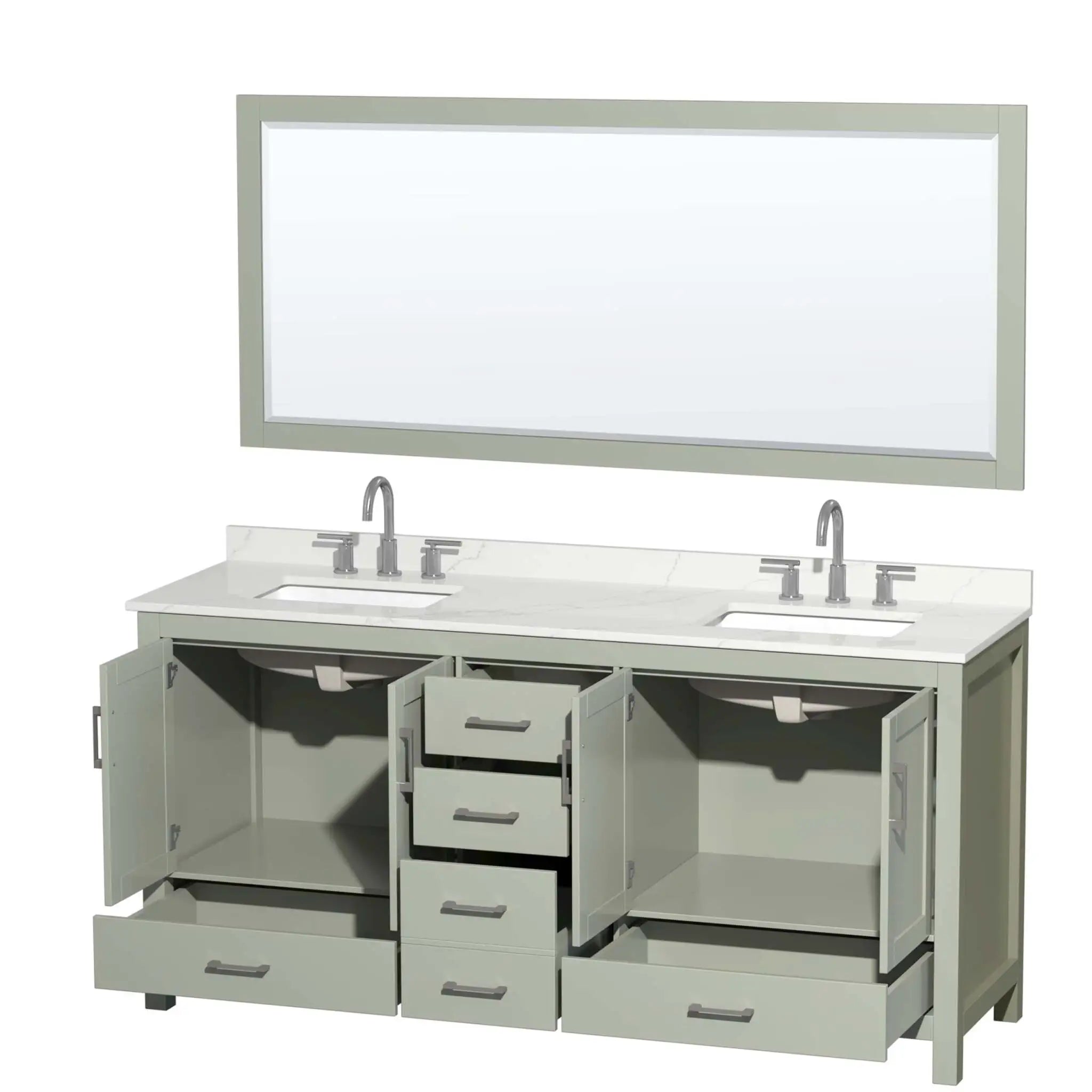 72" Sheffield 72 inch Double Bathroom Vanity in Light Green with Brushed Nickel Trim & 70" Mirror by Wyndham