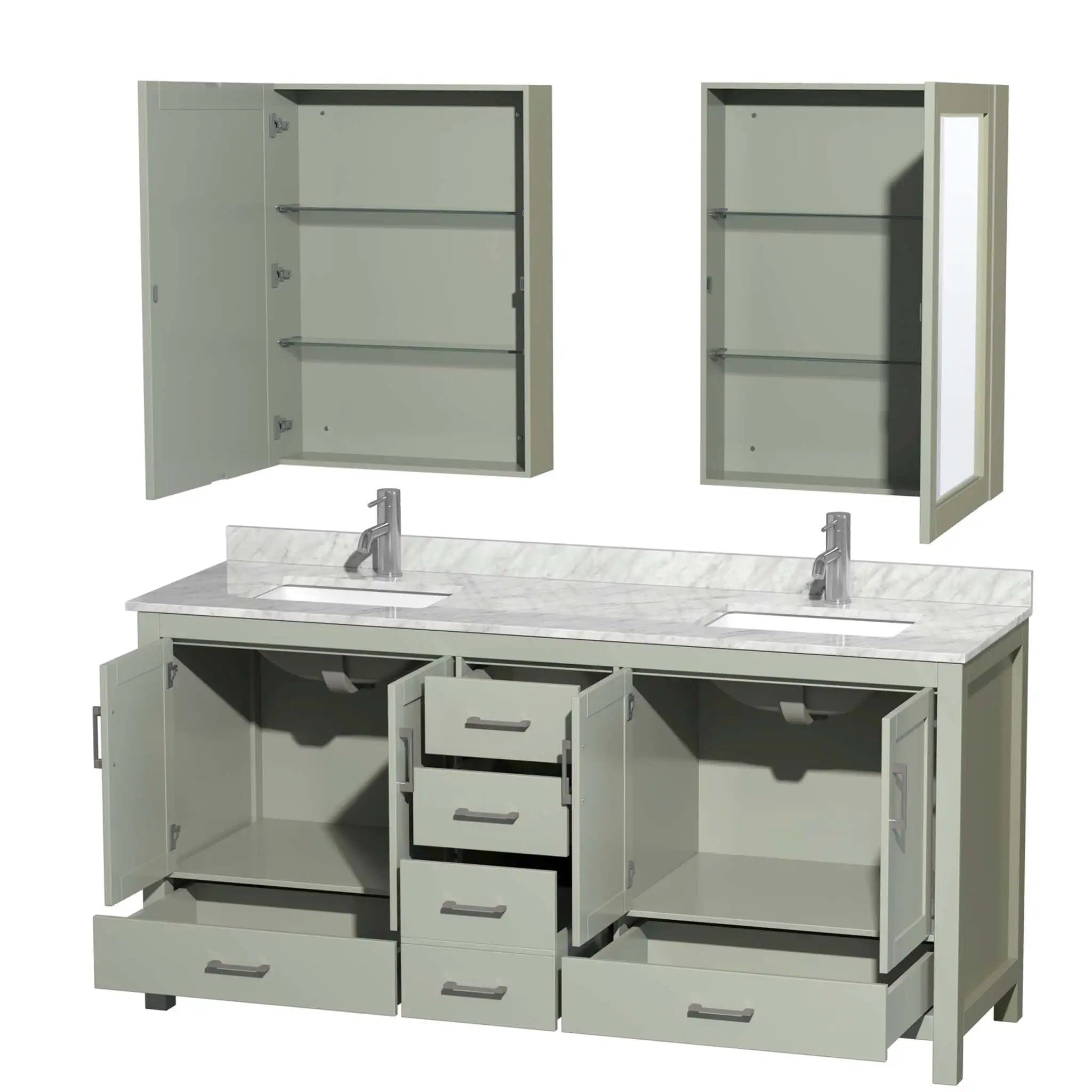 72" Sheffield 72 inch Double Bathroom Vanity in Light Green with Brushed Nickel Trim & Medicine Cabinet by Wyndham