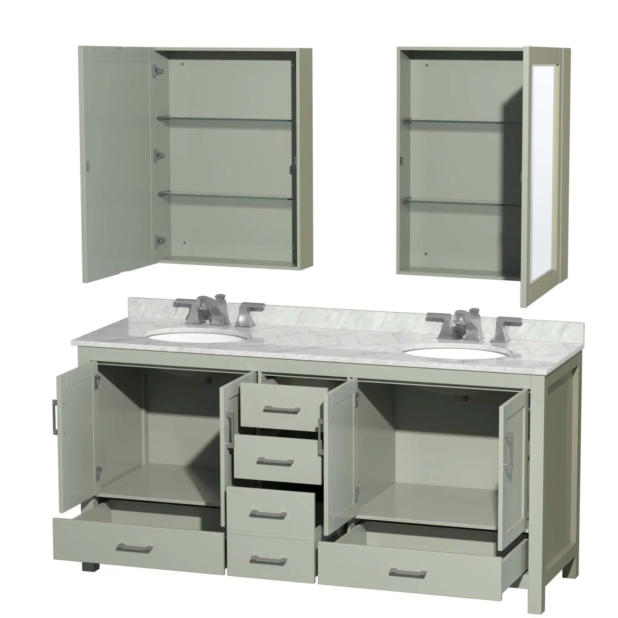 72" Sheffield 72 inch Double Bathroom Vanity in Light Green with Brushed Nickel Trim & Medicine Cabinet by Wyndham