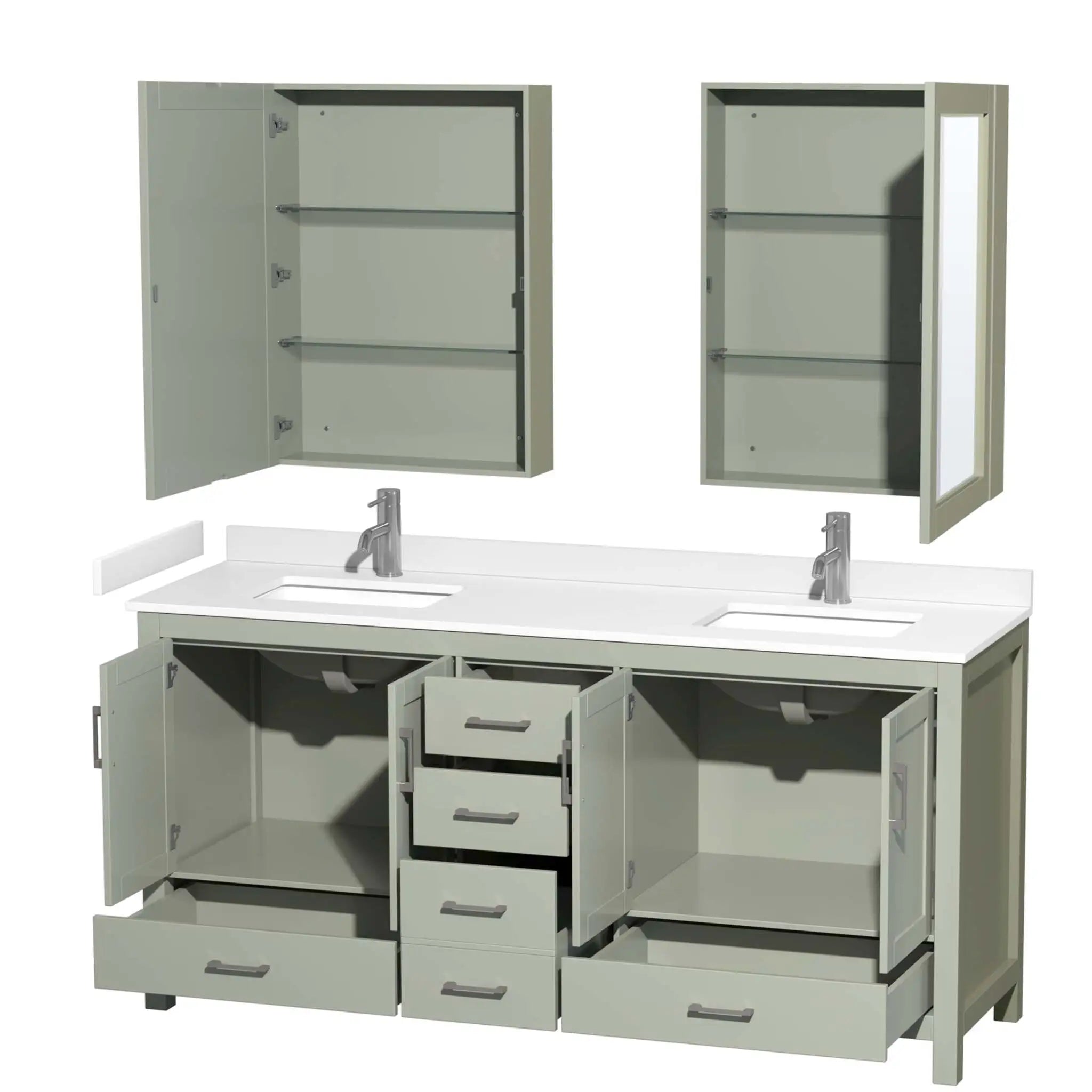 72" Sheffield 72 inch Double Bathroom Vanity in Light Green with Brushed Nickel Trim & Medicine Cabinet by Wyndham