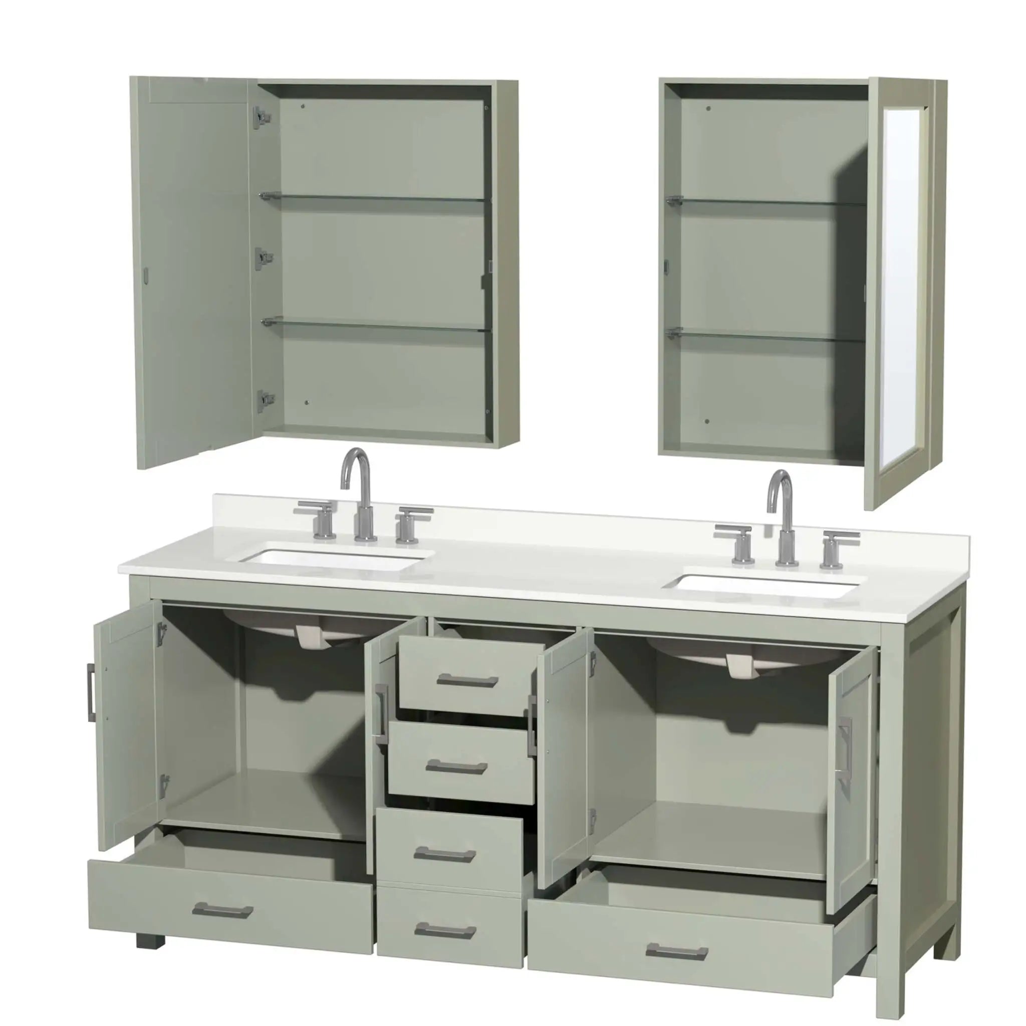 72" Sheffield 72 inch Double Bathroom Vanity in Light Green with Brushed Nickel Trim & Medicine Cabinet by Wyndham