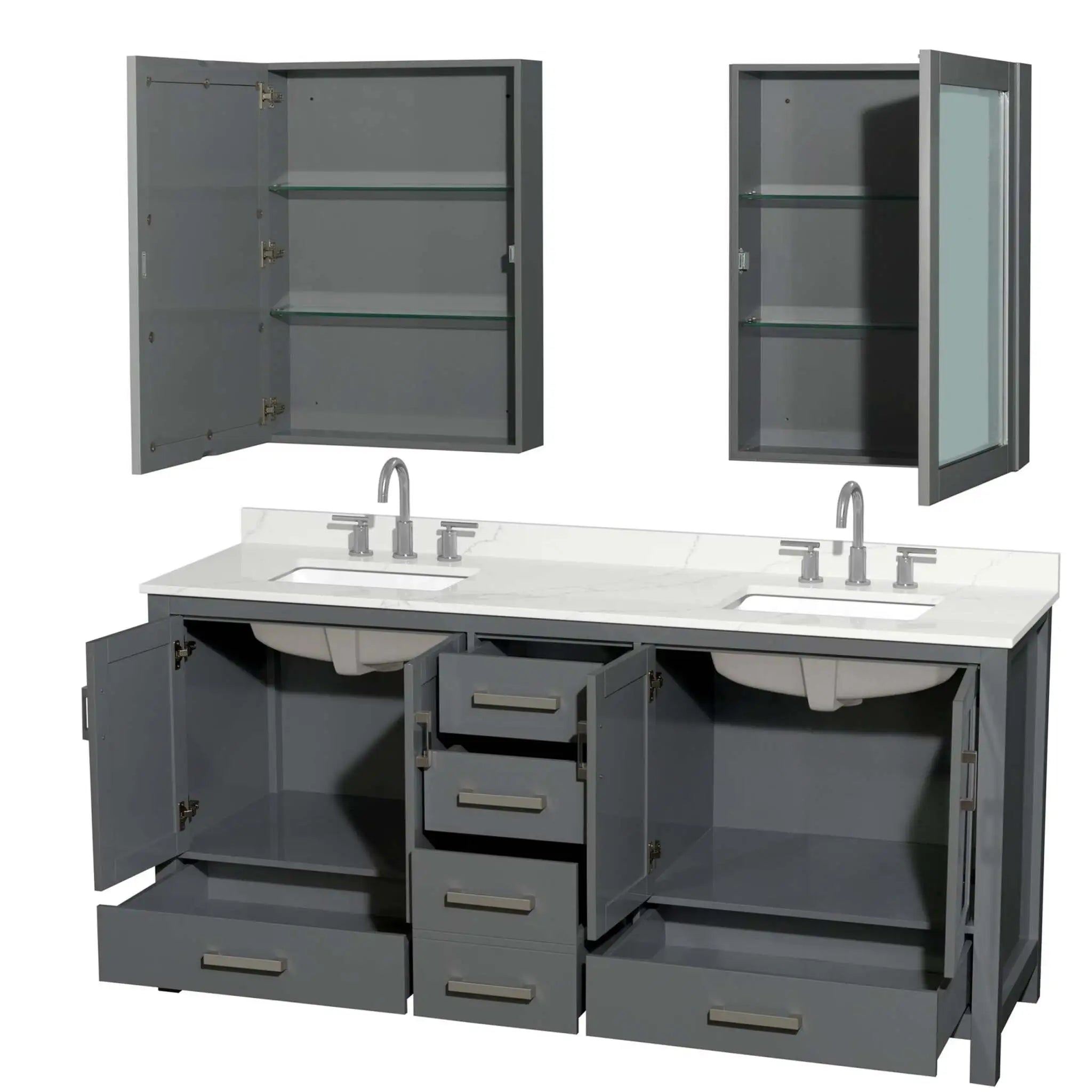 72" Sheffield Double Bathroom Vanity in Dark Gray with Brushed Chrome Trim & Medicine Cabinet by Wyndham