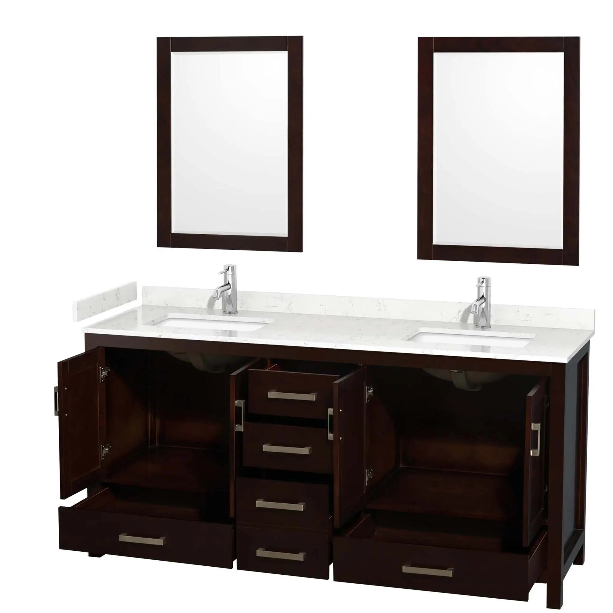 72" Sheffield Double Bathroom Vanity in Espresso with Brushed Chrome Trim & 24" Mirror by Wyndham