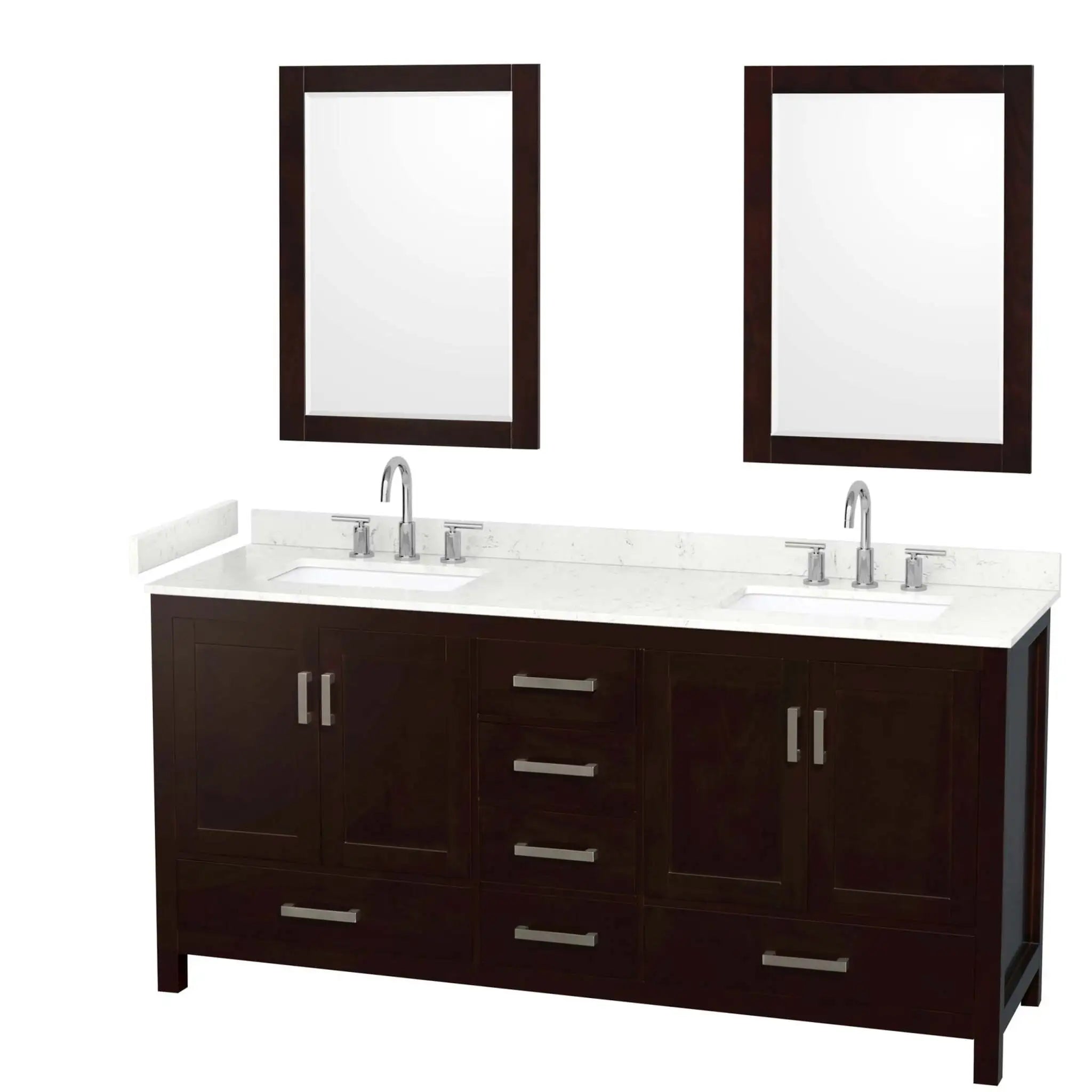 72" Sheffield Double Bathroom Vanity in Espresso with Brushed Chrome Trim & 24" Mirror by Wyndham