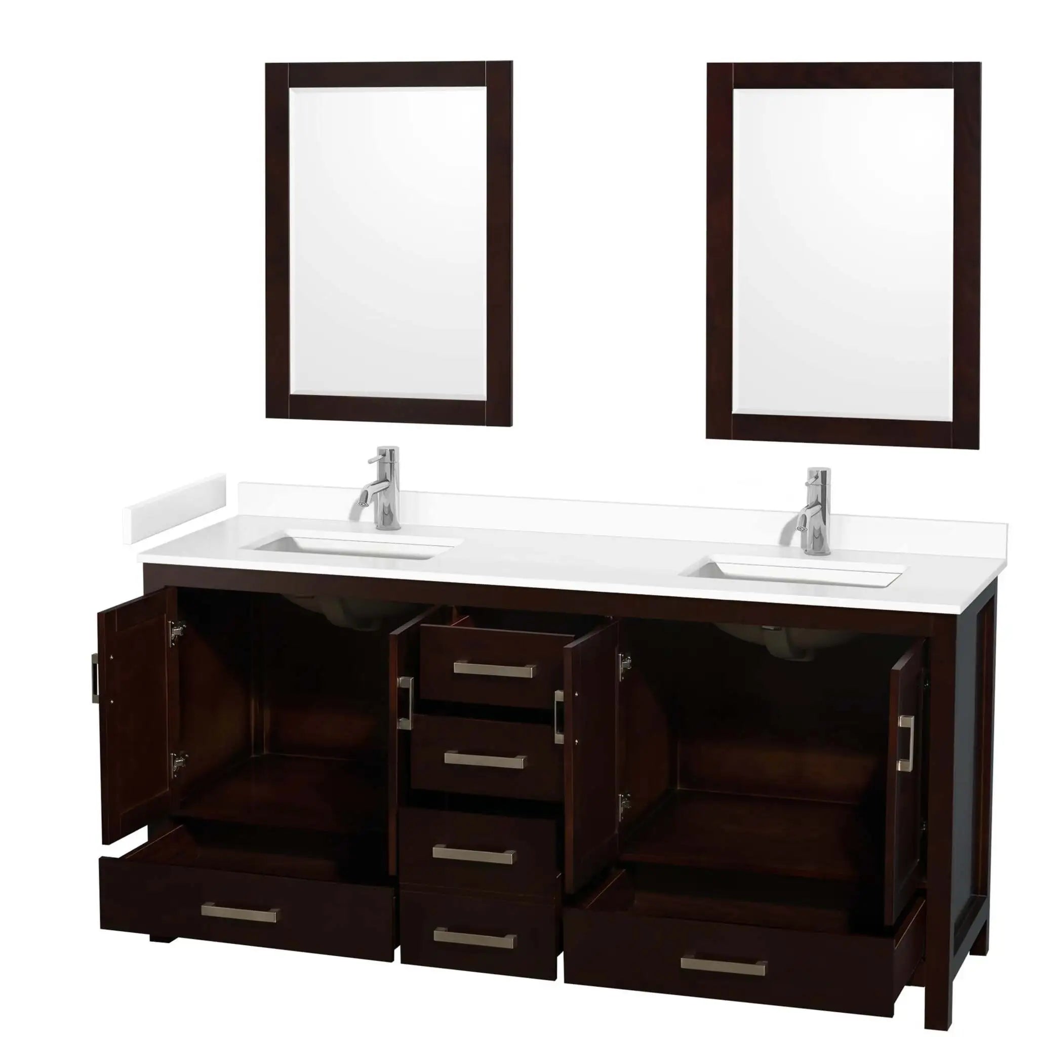 72" Sheffield Double Bathroom Vanity in Espresso with Brushed Chrome Trim & 24" Mirror by Wyndham