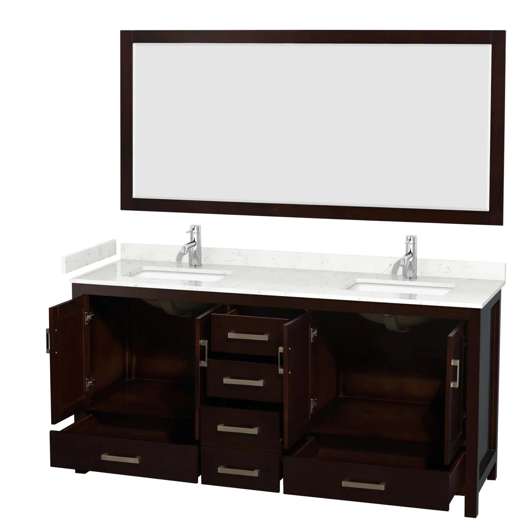 72" Sheffield Double Bathroom Vanity in Espresso with Brushed Chrome Trim & 70" Mirror by Wyndham