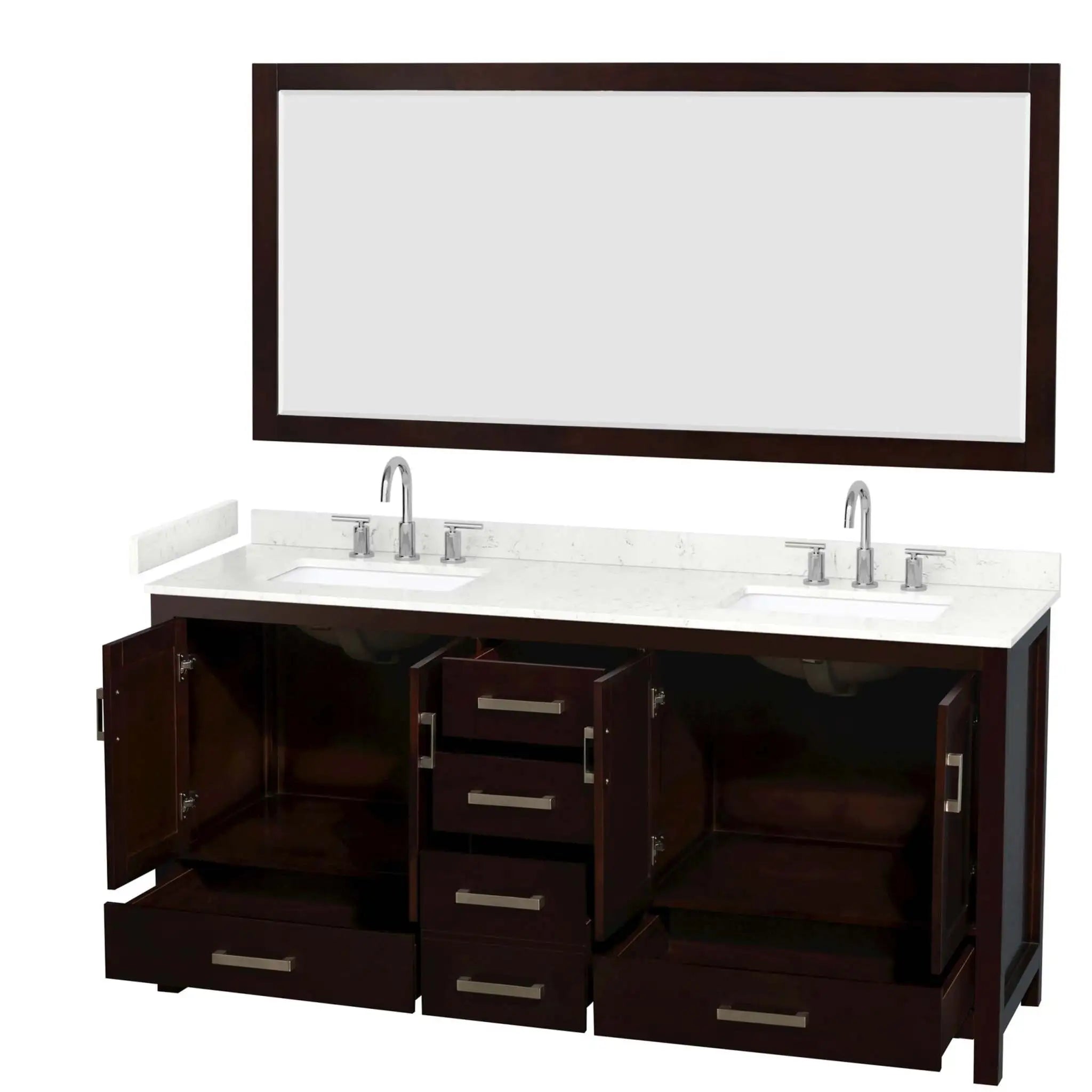 72" Sheffield Double Bathroom Vanity in Espresso with Brushed Chrome Trim & 70" Mirror by Wyndham