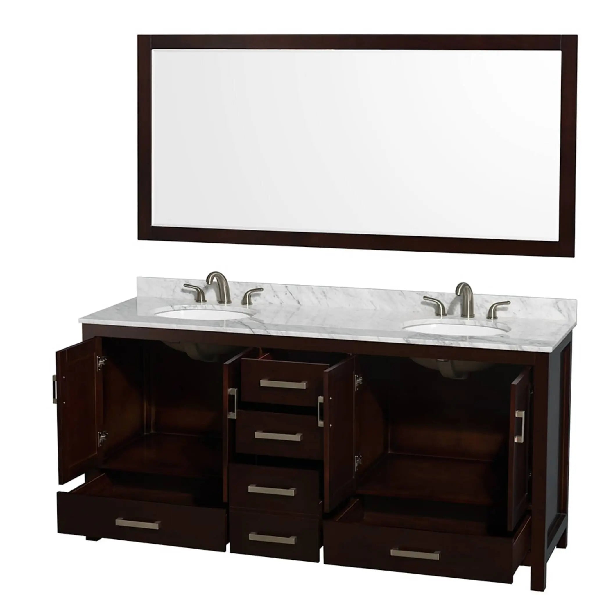 72" Sheffield Double Bathroom Vanity in Espresso with Brushed Chrome Trim & 70" Mirror by Wyndham