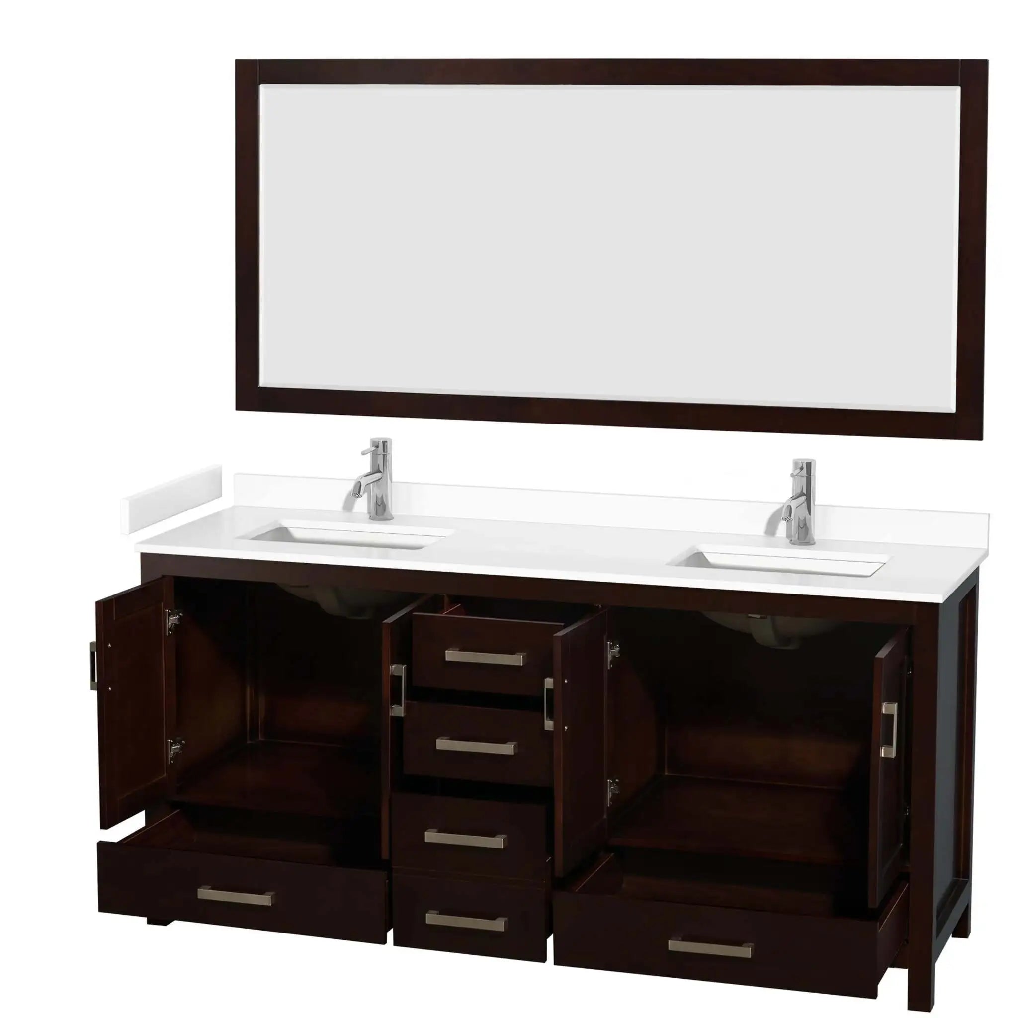 72" Sheffield Double Bathroom Vanity in Espresso with Brushed Chrome Trim & 70" Mirror by Wyndham