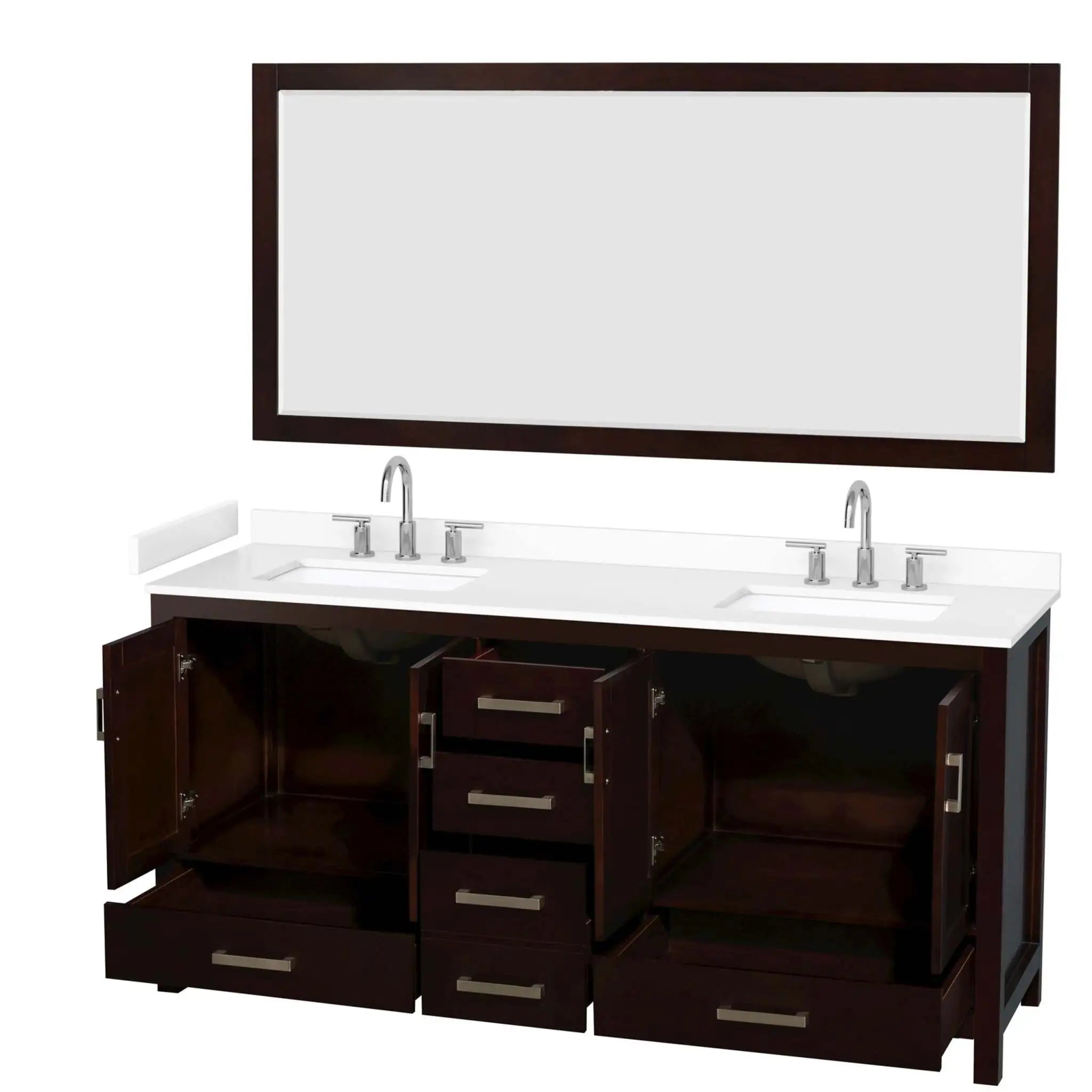 72" Sheffield Double Bathroom Vanity in Espresso with Brushed Chrome Trim & 70" Mirror by Wyndham
