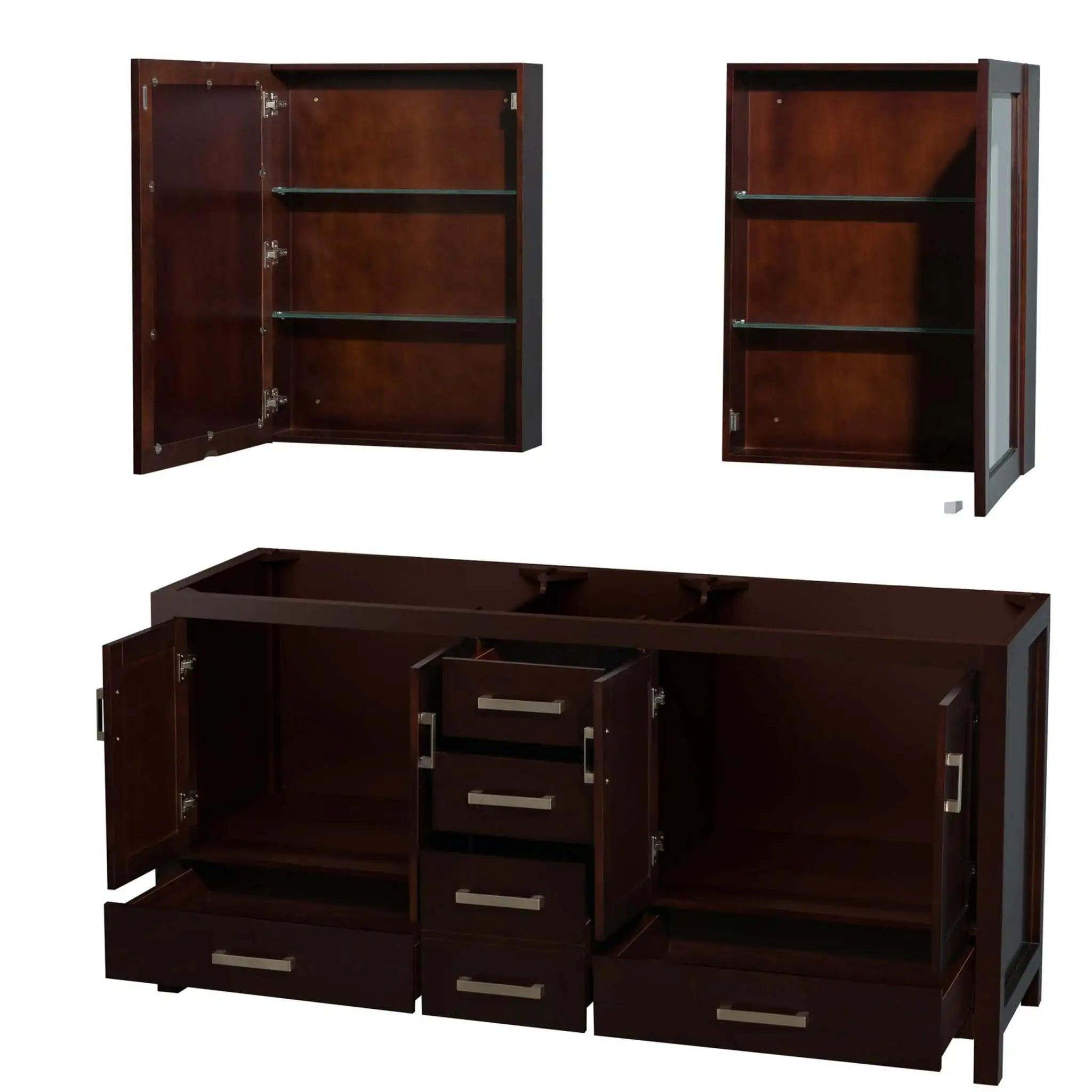 72" Sheffield Double Bathroom Vanity in Espresso with Brushed Chrome Trim & Medicine Cabinet by Wyndham