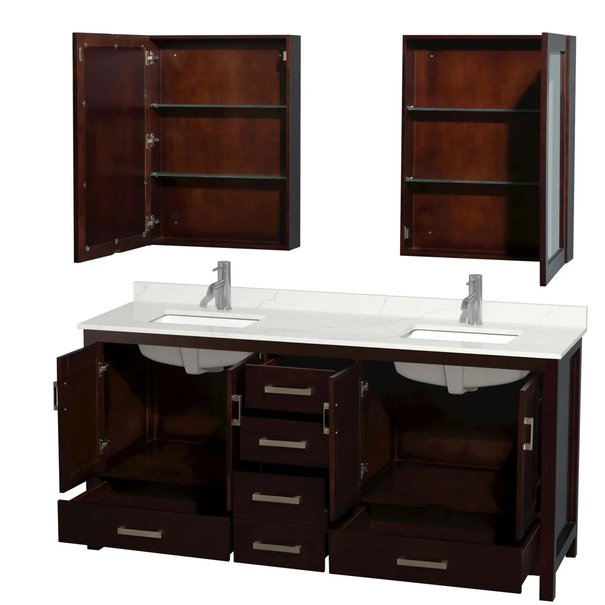 72" Sheffield Double Bathroom Vanity in Espresso with Brushed Chrome Trim & Medicine Cabinet by Wyndham