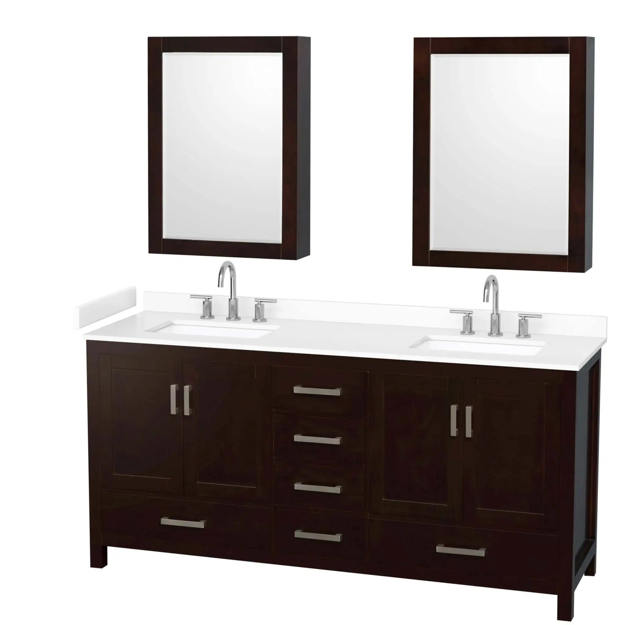 72" Sheffield Double Bathroom Vanity in Espresso with Brushed Chrome Trim & Medicine Cabinet by Wyndham