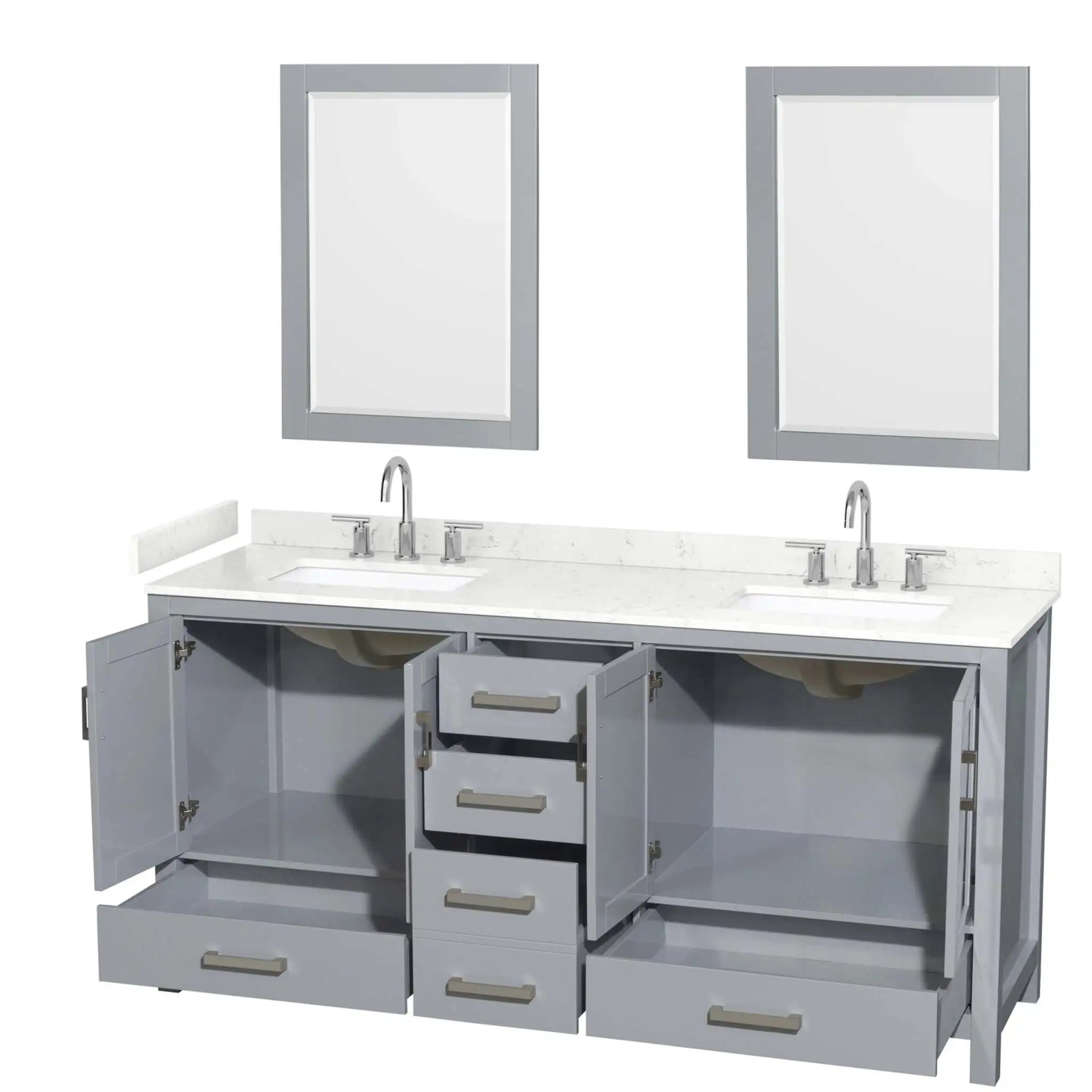 72" Sheffield Double Bathroom Vanity in Gray with Brushed Chrome Trim & 24" Mirror by Wyndham