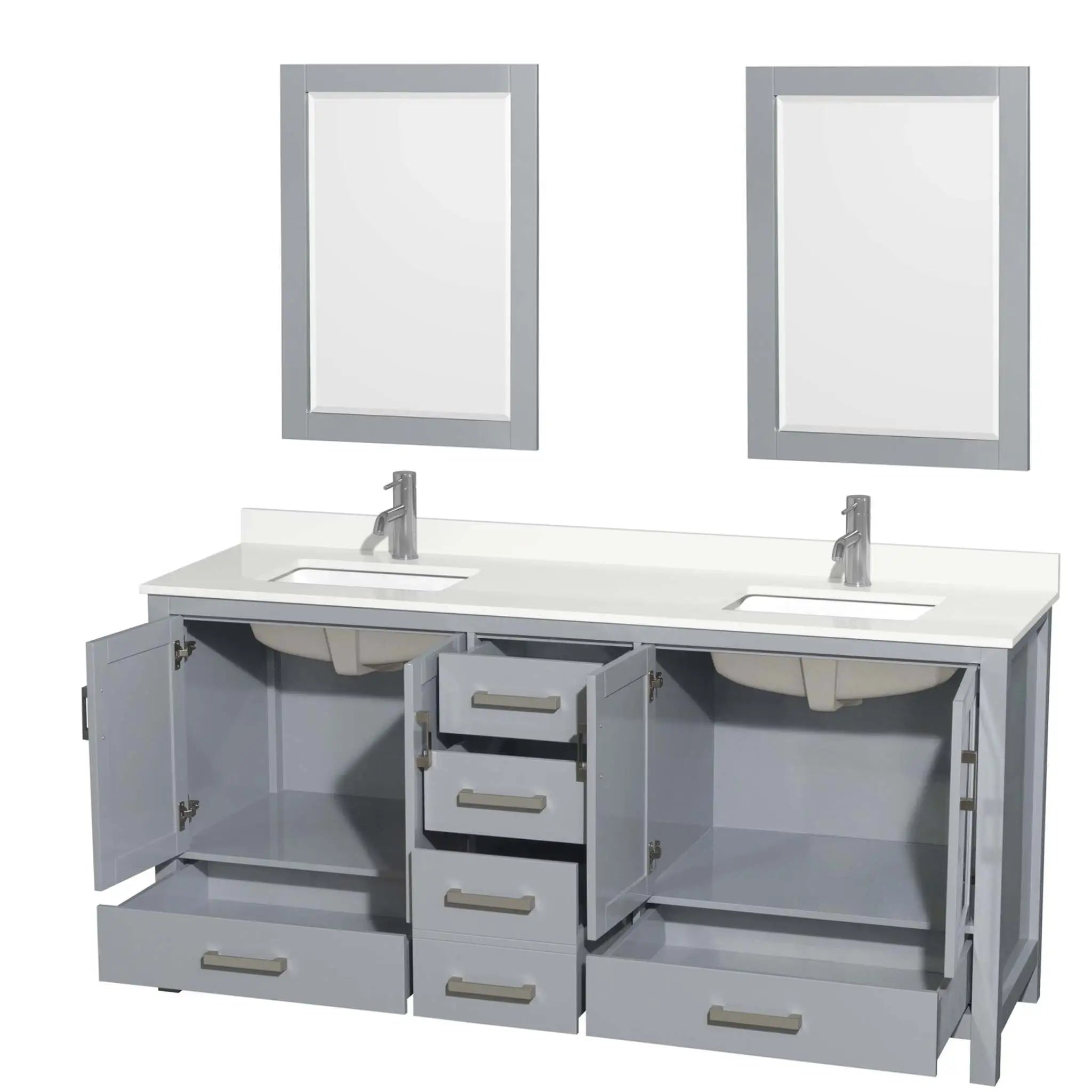 72" Sheffield Double Bathroom Vanity in Gray with Brushed Chrome Trim & 24" Mirror by Wyndham