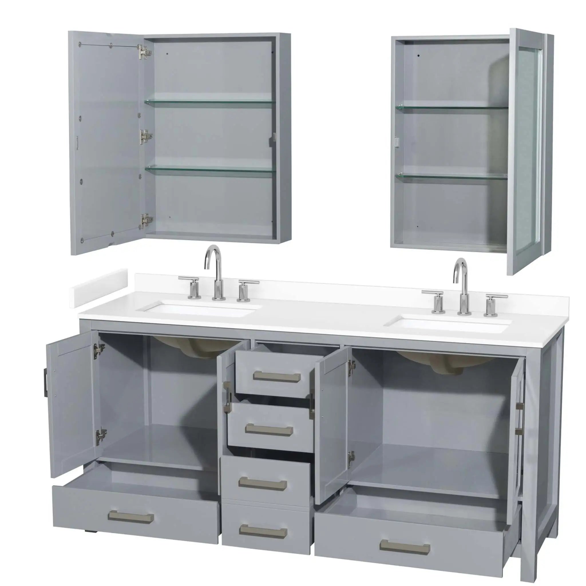 72" Sheffield Double Bathroom Vanity in Gray with Brushed Chrome Trim & Medicine Cabinet by Wyndham
