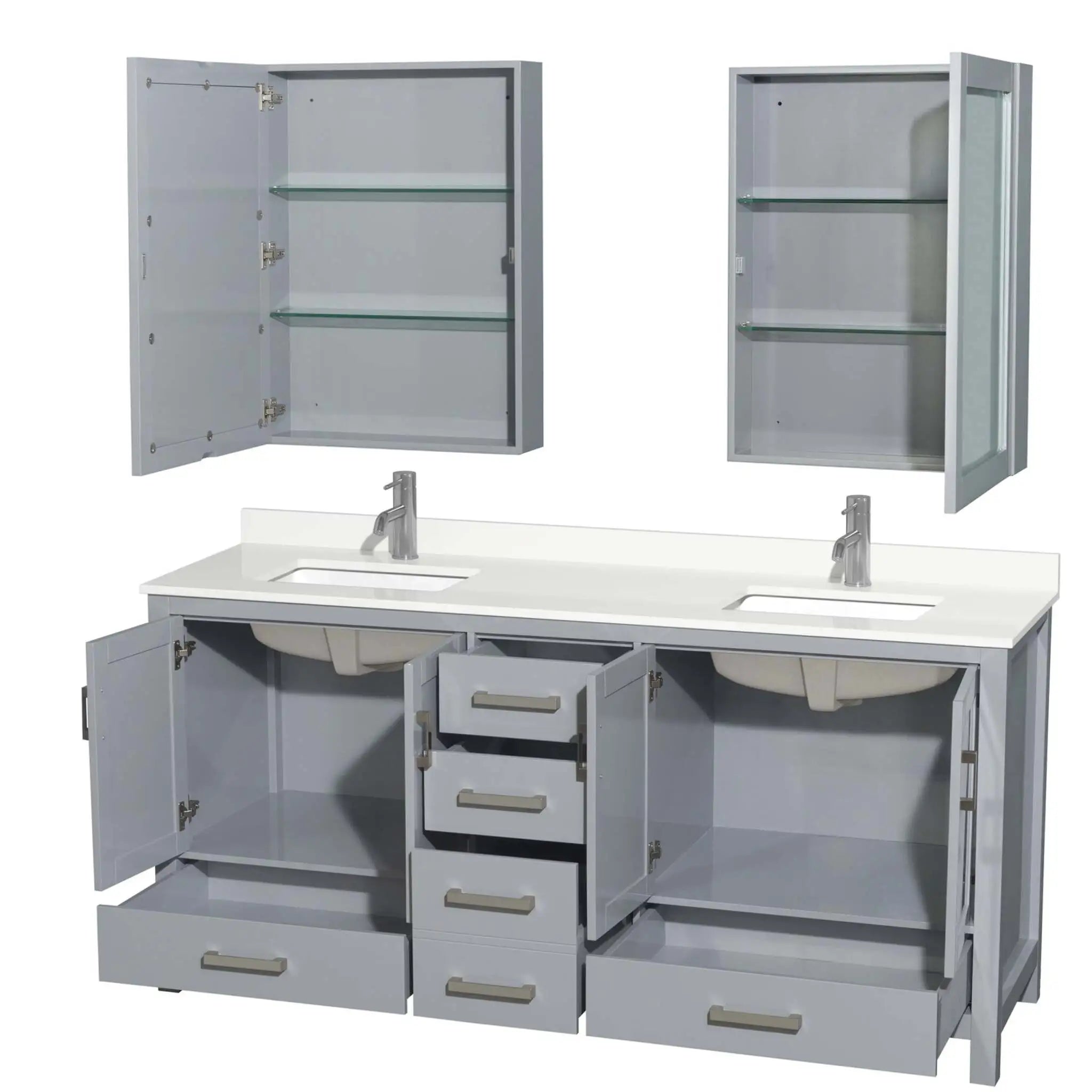 72" Sheffield Double Bathroom Vanity in Gray with Brushed Chrome Trim & Medicine Cabinet by Wyndham