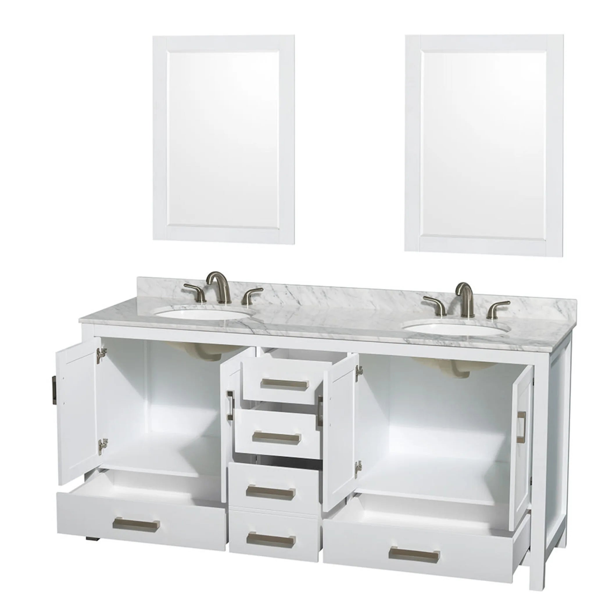 72" Sheffield Double Bathroom Vanity in White with Brushed Chrome Trim & 24" Mirror by Wyndham