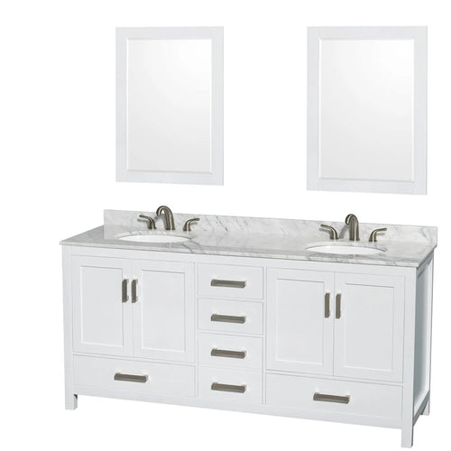 72" Sheffield Double Bathroom Vanity in White with Brushed Chrome Trim & 24" Mirror by Wyndham
