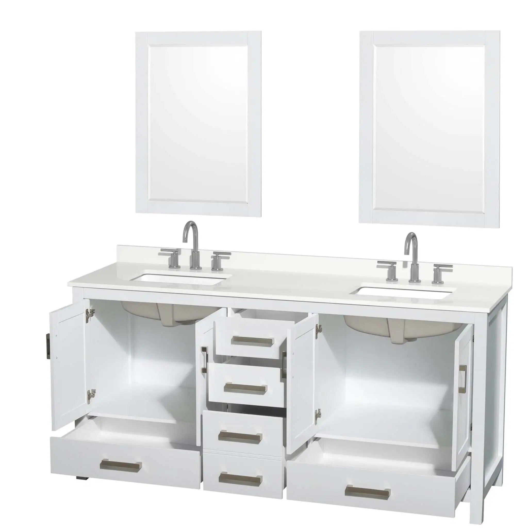 72" Sheffield Double Bathroom Vanity in White with Brushed Chrome Trim & 24" Mirror by Wyndham