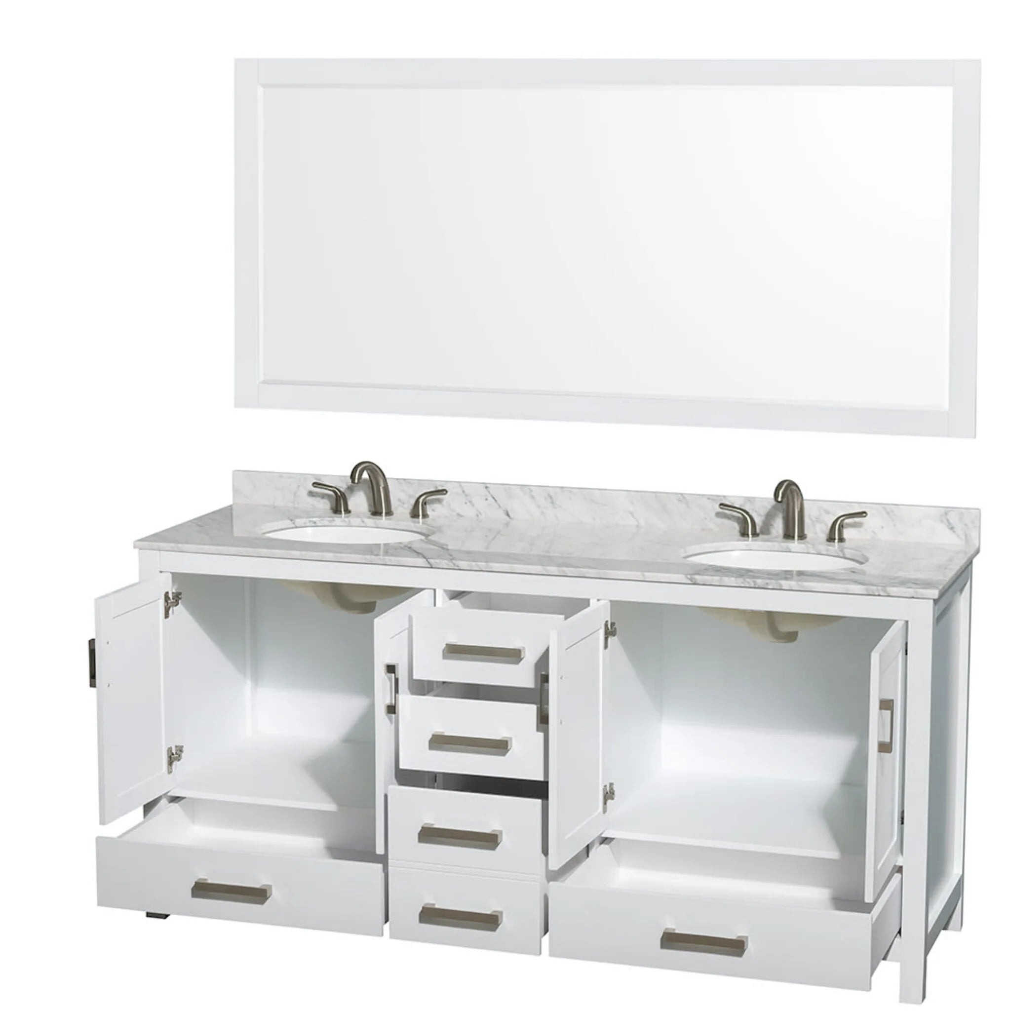 72" Sheffield Double Bathroom Vanity in White with Brushed Chrome Trim & 70" Mirror by Wyndham