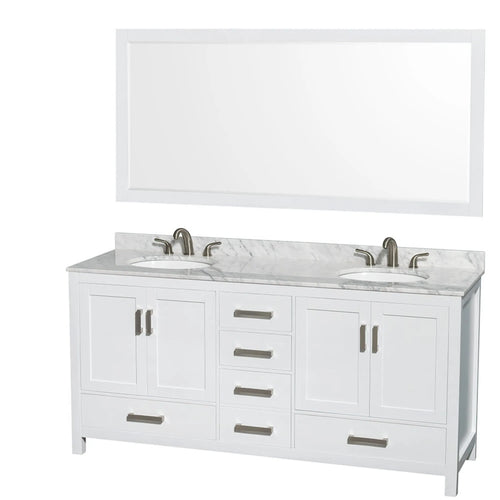 72" Sheffield Double Bathroom Vanity in White with Brushed Chrome Trim & 70" Mirror by Wyndham