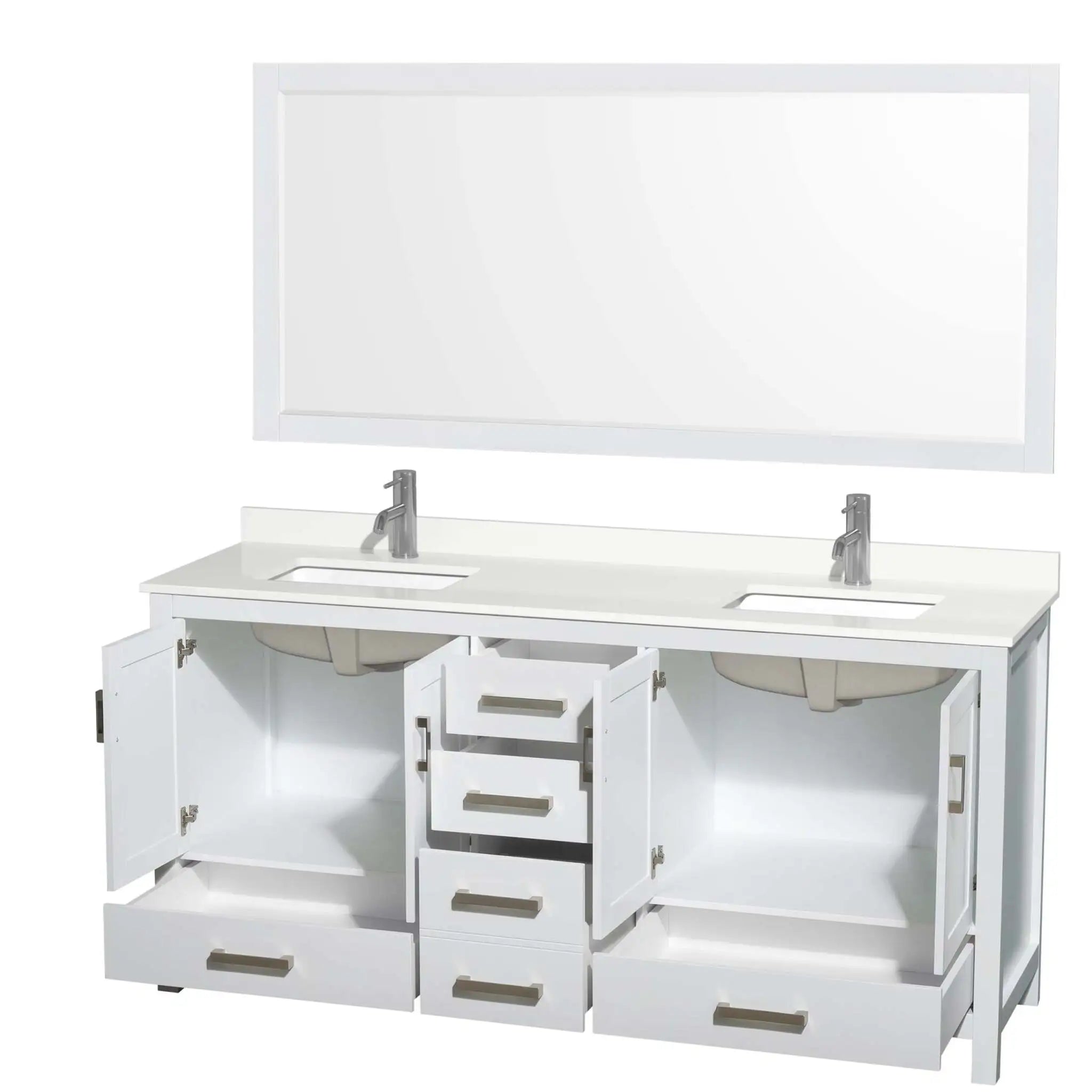 72" Sheffield Double Bathroom Vanity in White with Brushed Chrome Trim & 70" Mirror by Wyndham