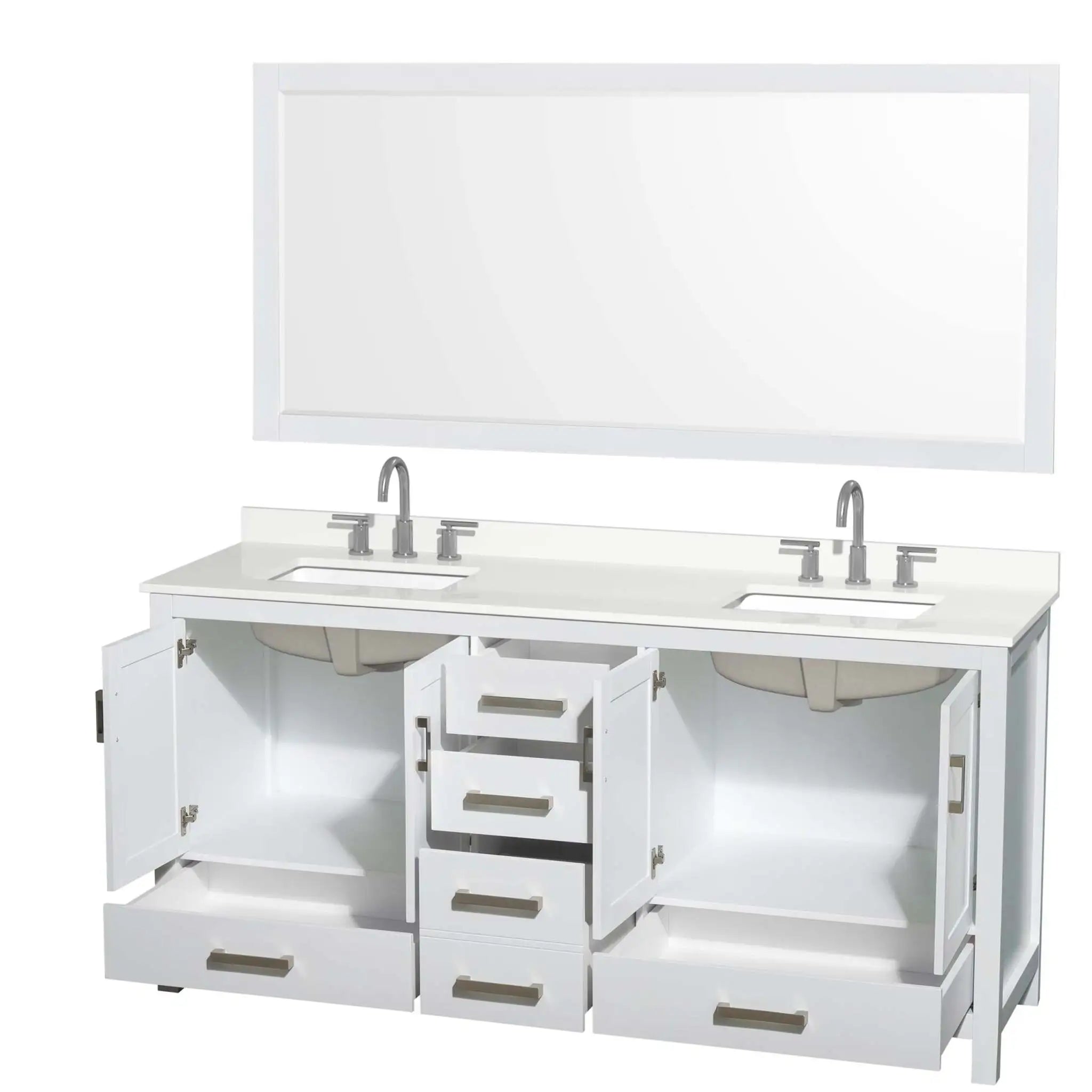 72" Sheffield Double Bathroom Vanity in White with Brushed Chrome Trim & 70" Mirror by Wyndham