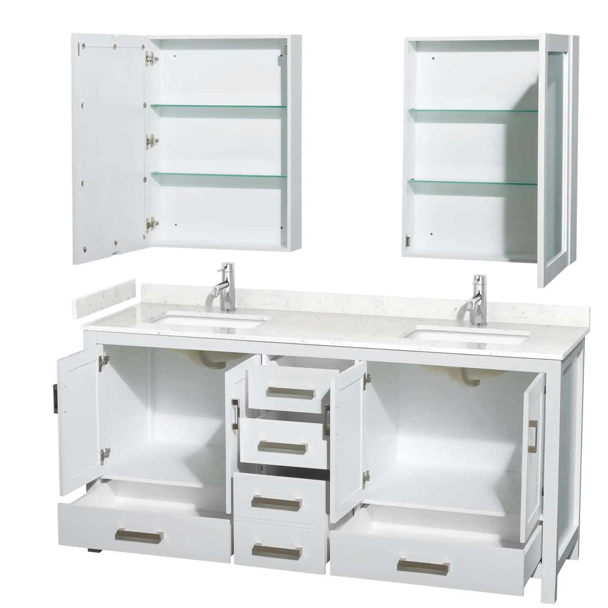 72" Sheffield Double Bathroom Vanity in White with Brushed Chrome Trim & Medicine Cabinet by Wyndham