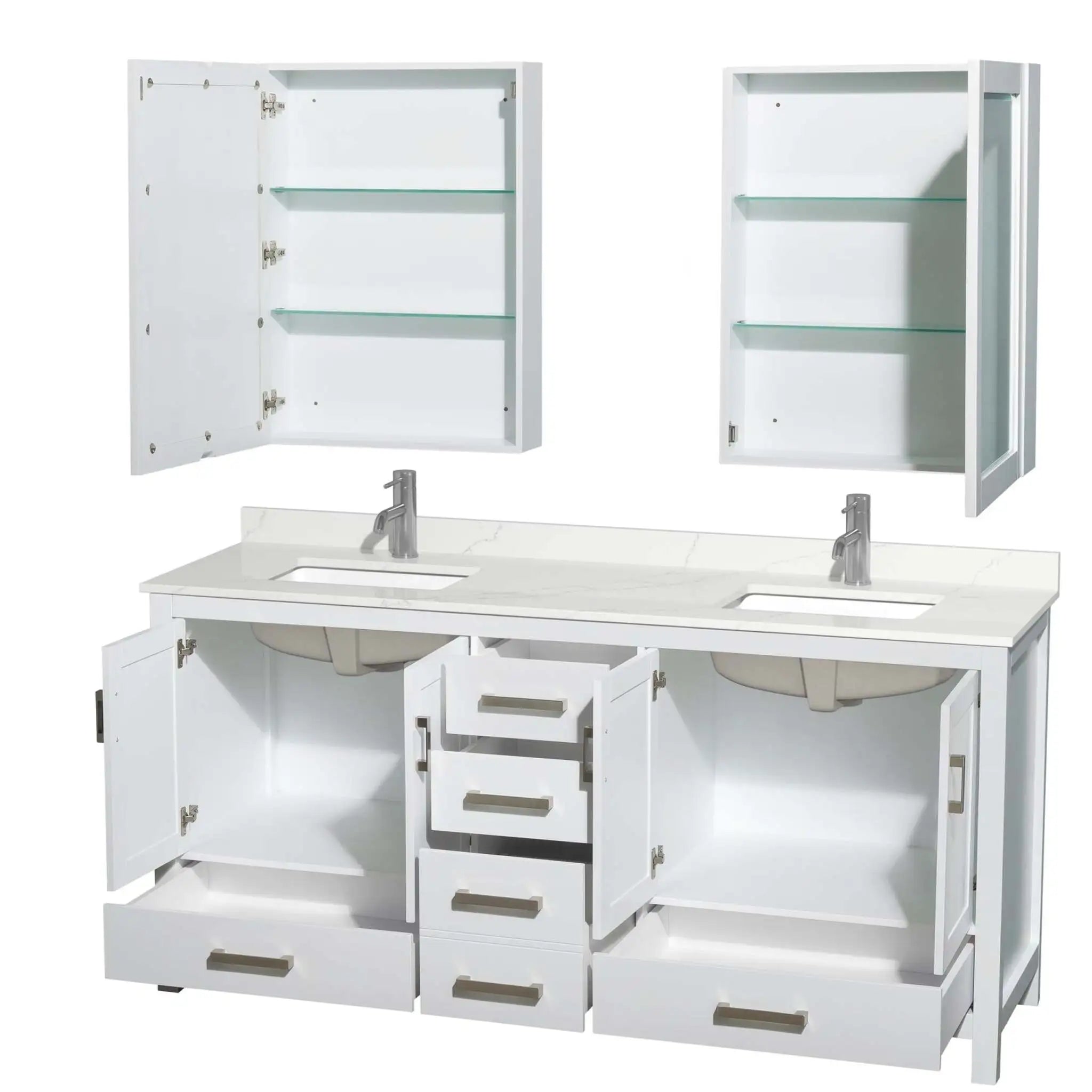 72" Sheffield Double Bathroom Vanity in White with Brushed Chrome Trim & Medicine Cabinet by Wyndham