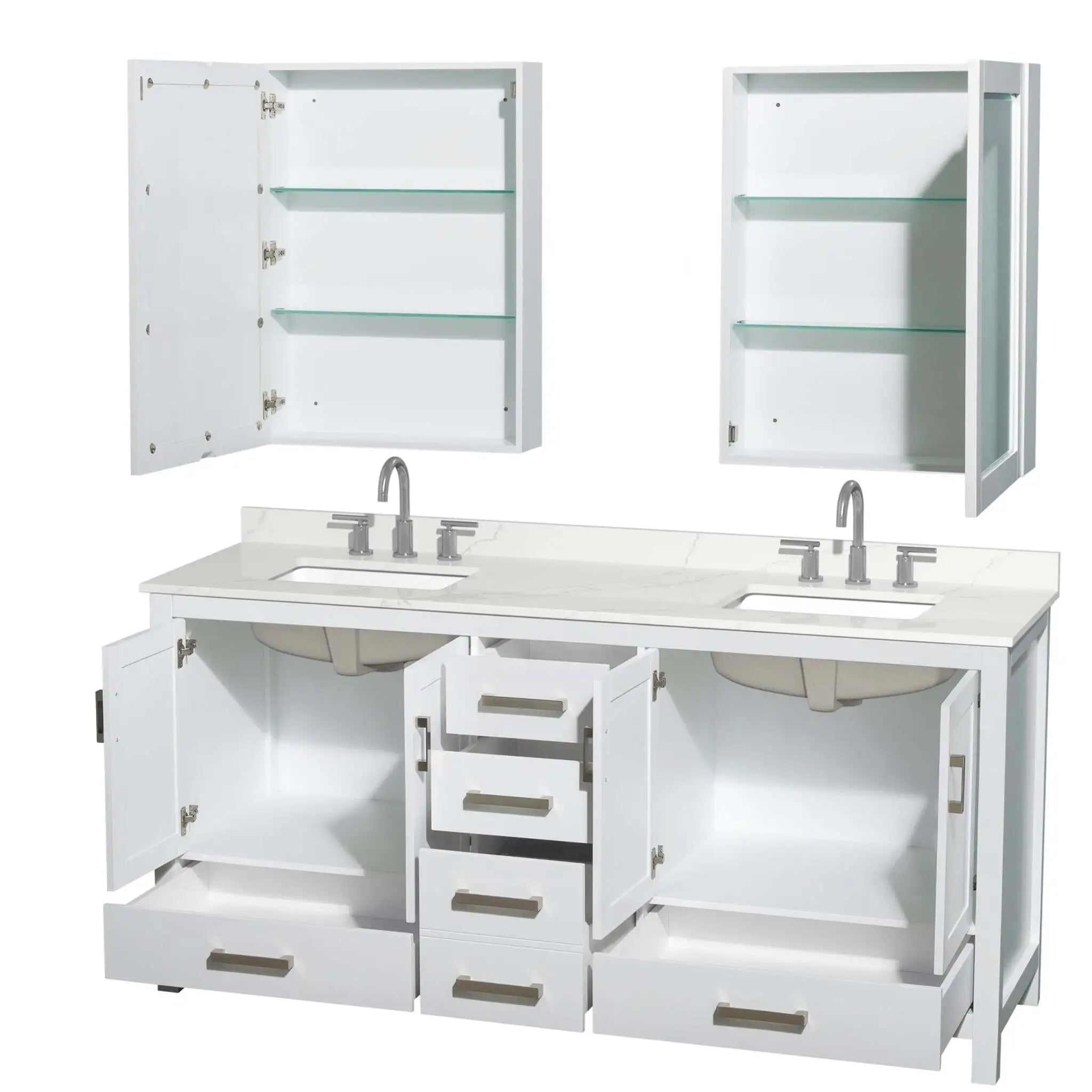 72" Sheffield Double Bathroom Vanity in White with Brushed Chrome Trim & Medicine Cabinet by Wyndham