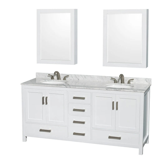 72" Sheffield Double Bathroom Vanity in White with Brushed Chrome Trim & Medicine Cabinet by Wyndham