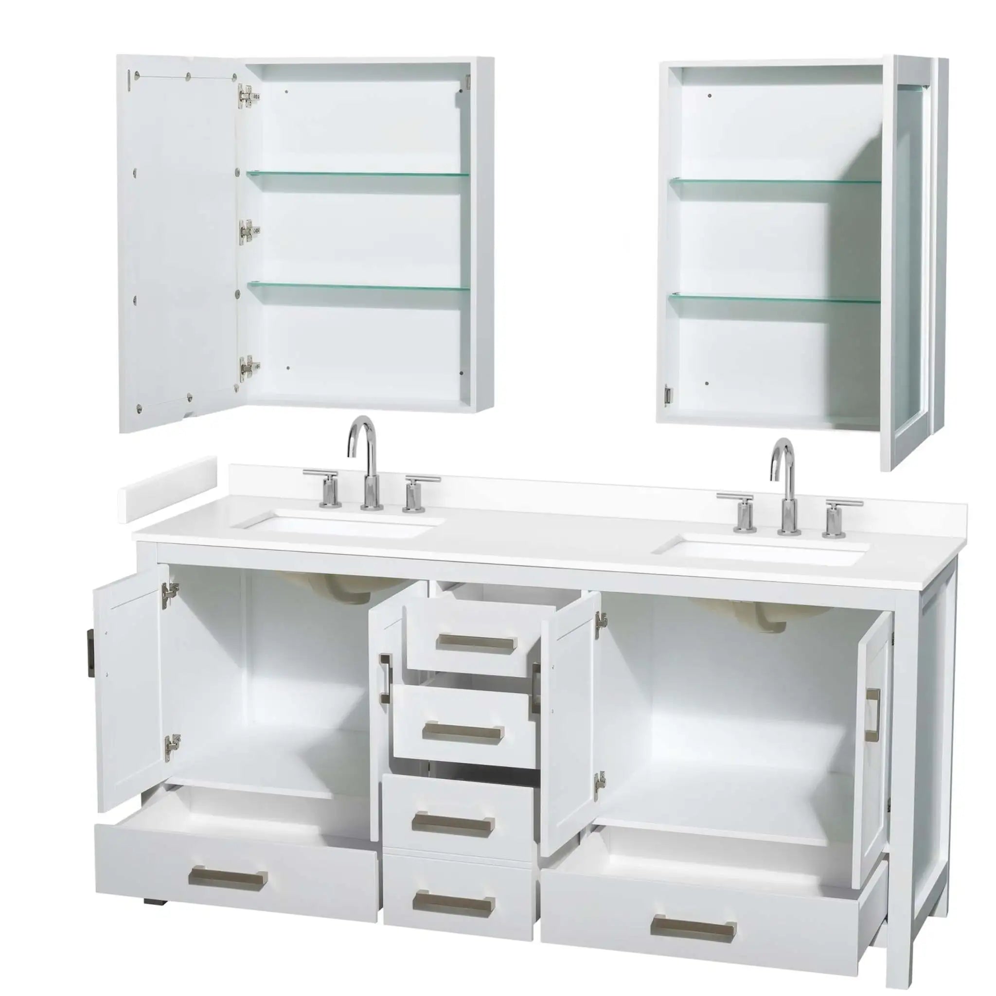 72" Sheffield Double Bathroom Vanity in White with Brushed Chrome Trim & Medicine Cabinet by Wyndham