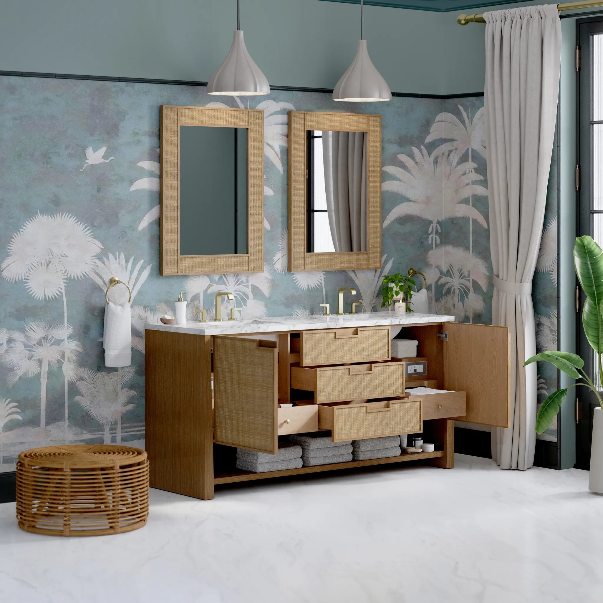 72" Solene Double Vanity in Seaside Oak-Carrara White Marble-8" Widespread image 4