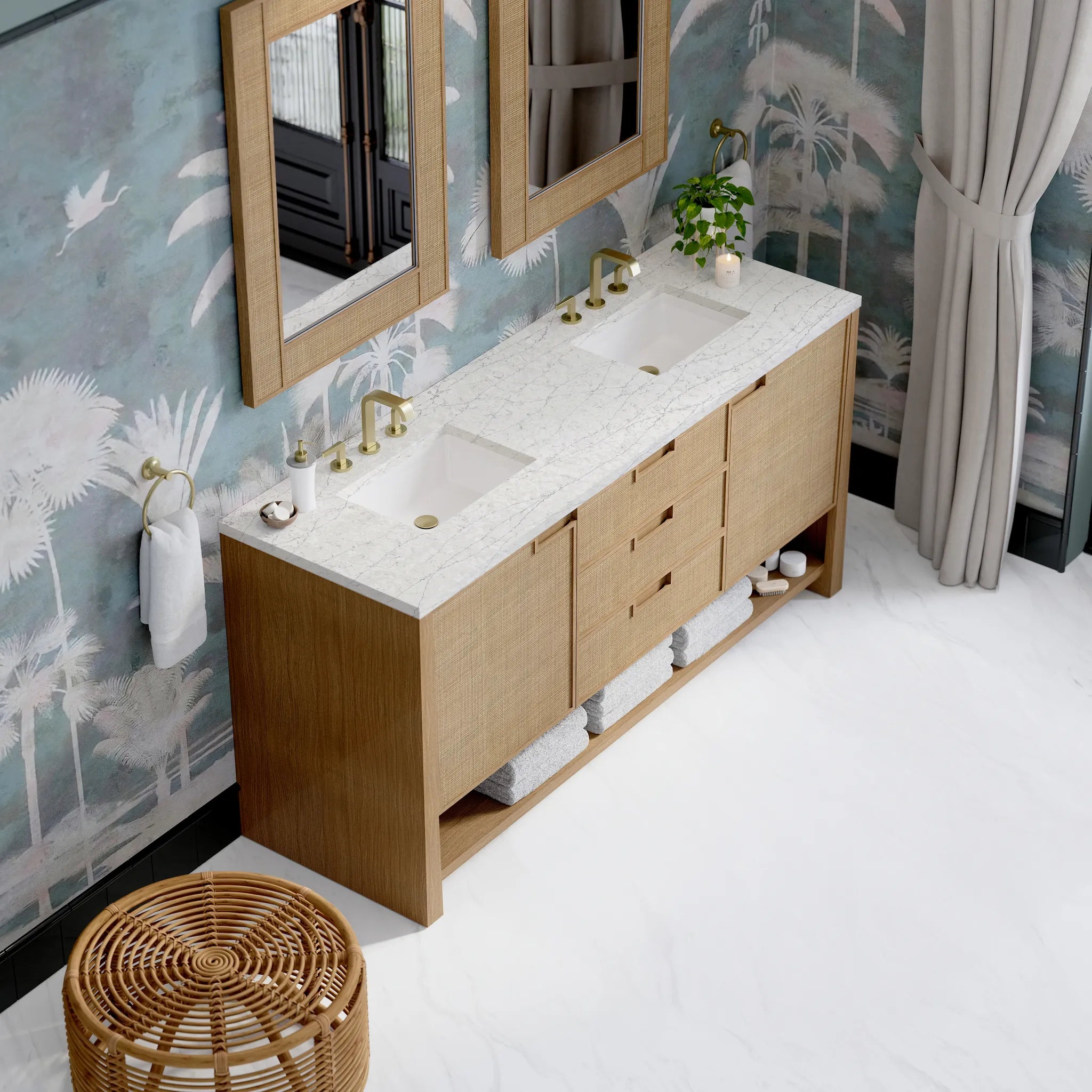 72" Solene Double Vanity in Seaside Oak w/FreePower Wireless Charger-Eternal Jasmine Pearl Silestone-8" Widespread image 8
