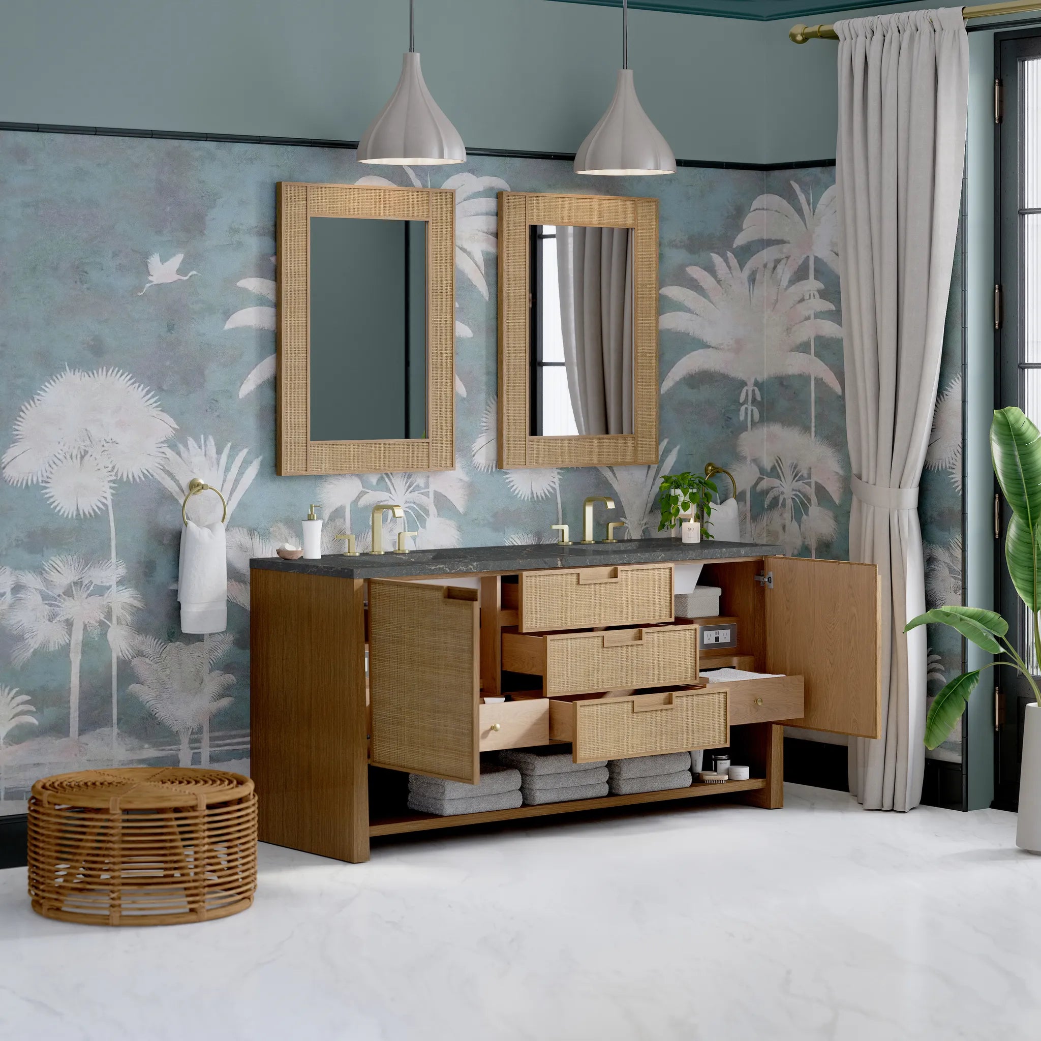 72" Solene Double Vanity in Seaside Oak w/FreePower Wireless Charger-Parisien Bleu Silestone-8" Widespread image 6