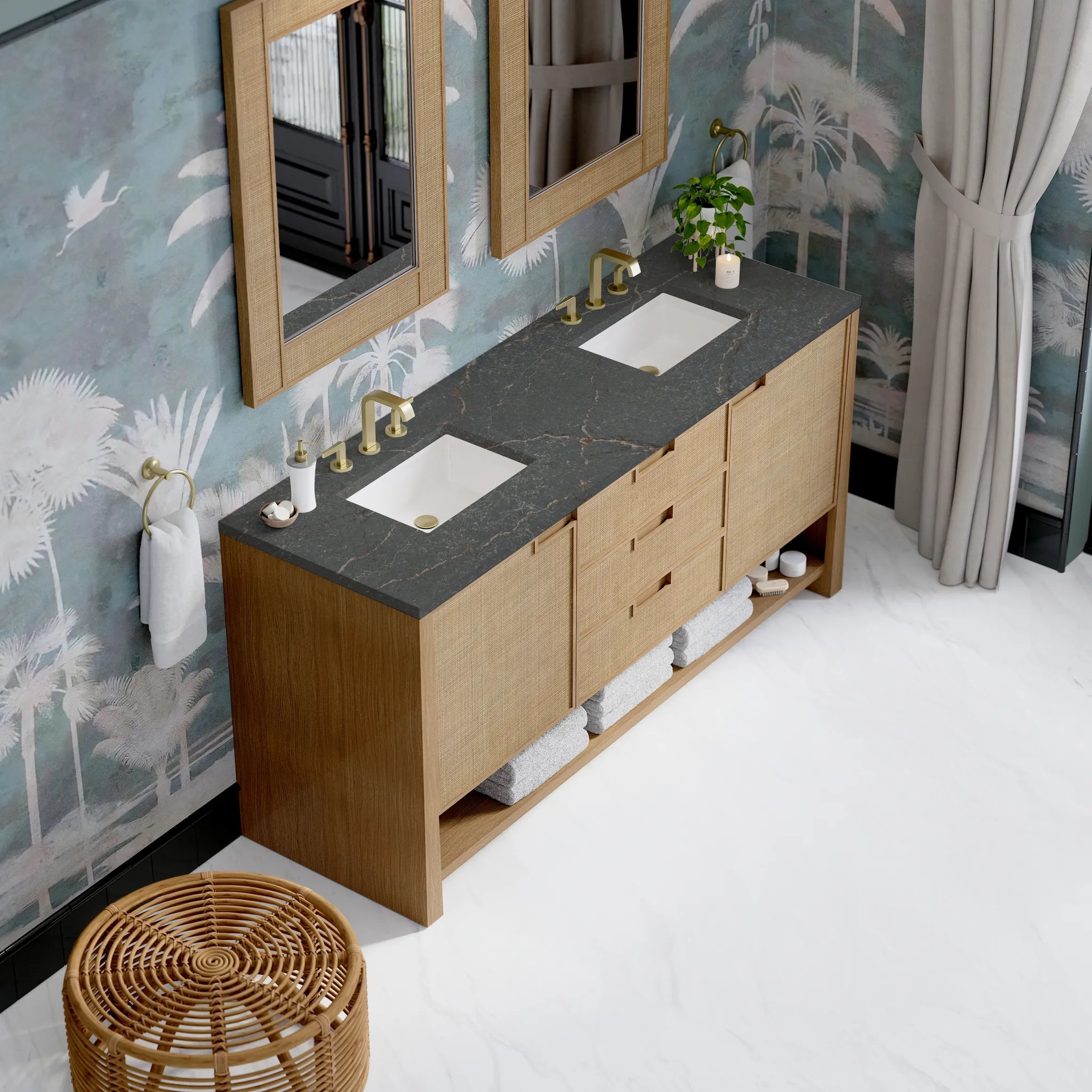 72" Solene Double Vanity in Seaside Oak w/FreePower Wireless Charger-Parisien Bleu Silestone-8" Widespread image 8
