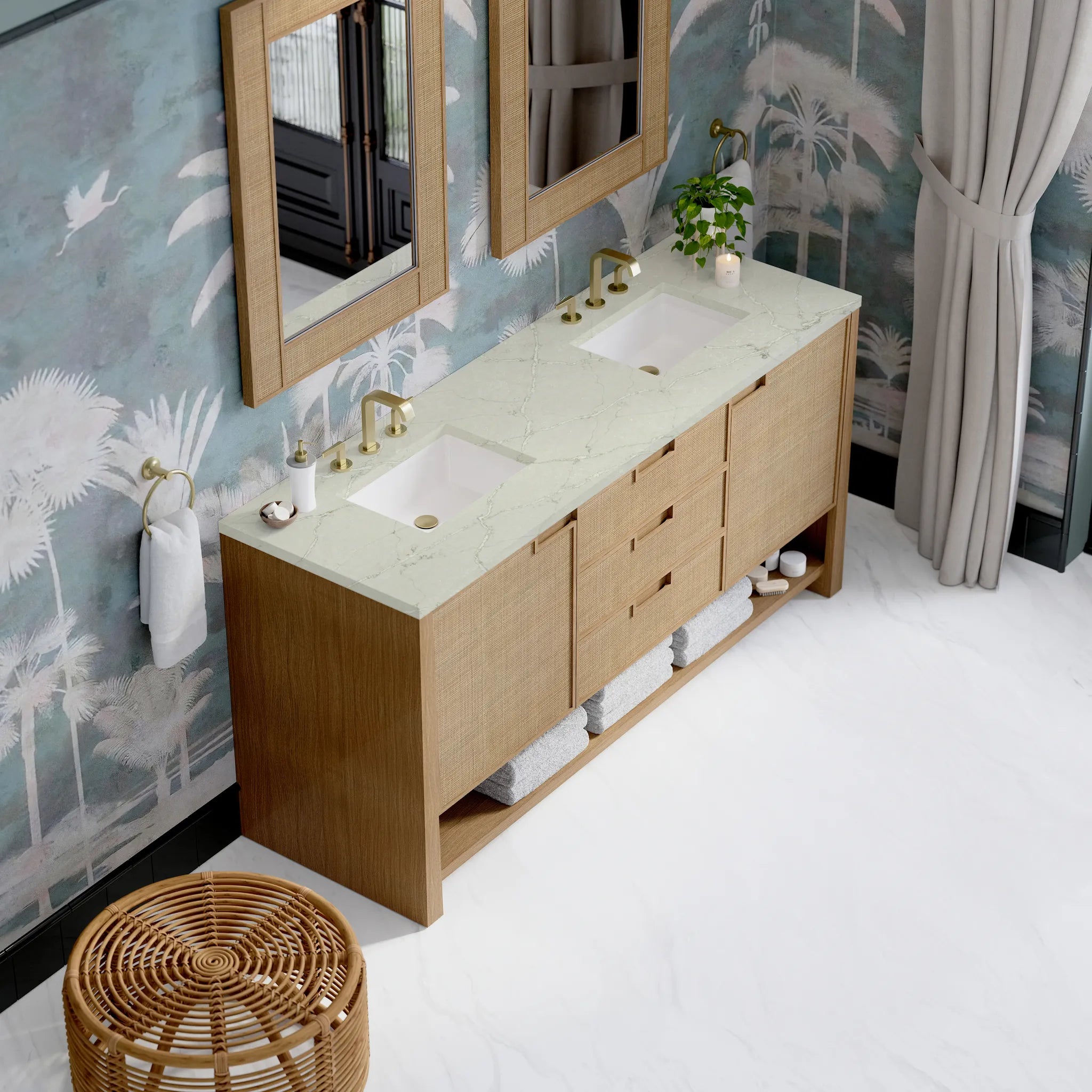 72" Solene Double Vanity in Seaside Oak w/FreePower Wireless Charger-Victorian Silver Silestone-8" Widespread image 8
