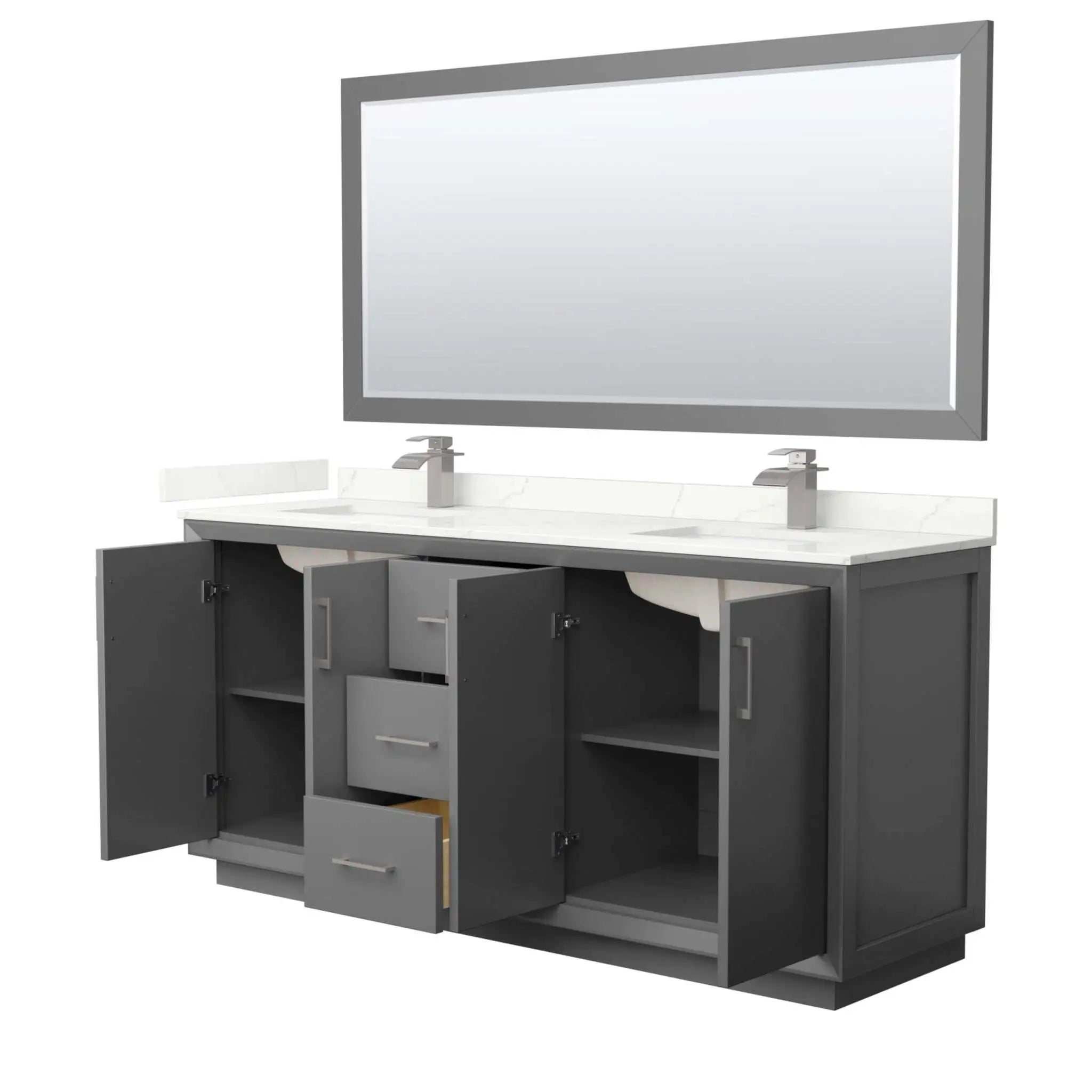 72" Strada Double Bathroom Vanity in Dark Gray with Brushed Nickel Trim & 70" Mirror by Wyndham