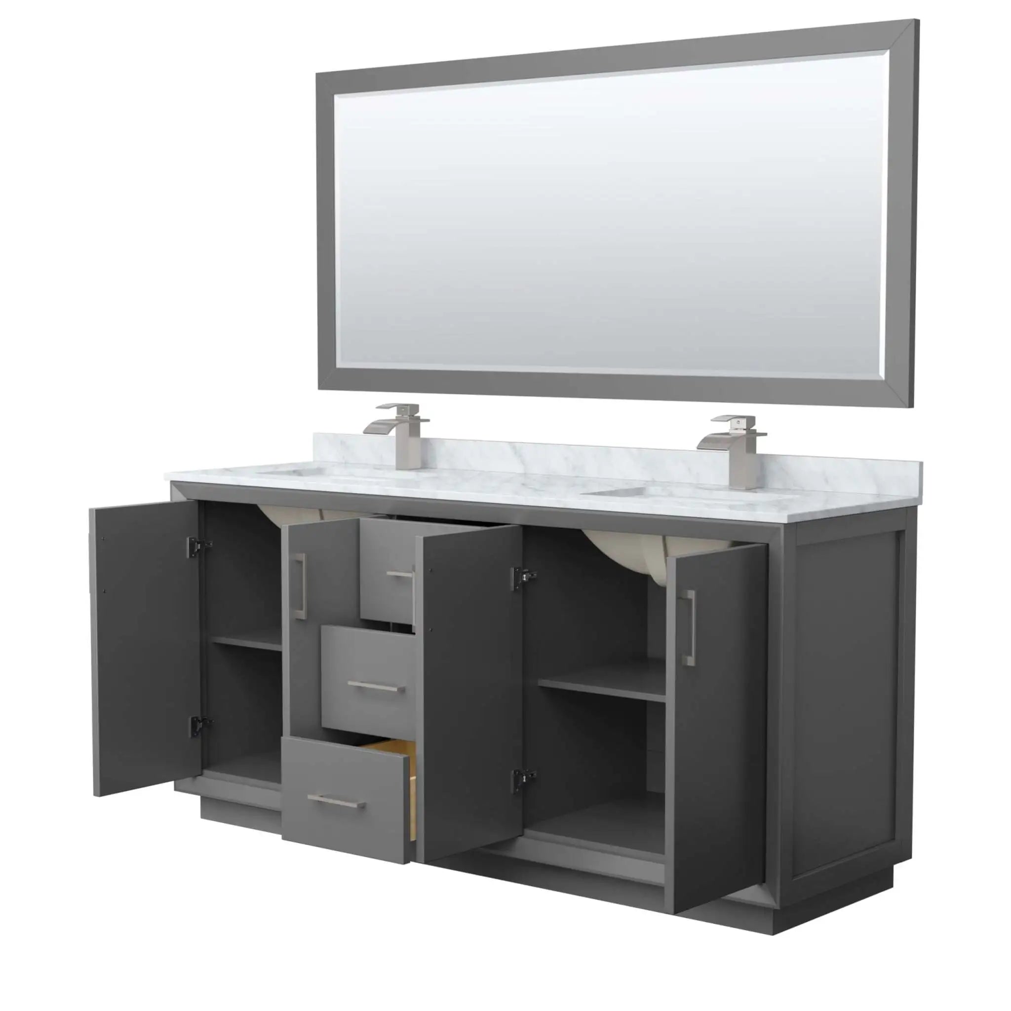 72" Strada Double Bathroom Vanity in Dark Gray with Brushed Nickel Trim & 70" Mirror by Wyndham