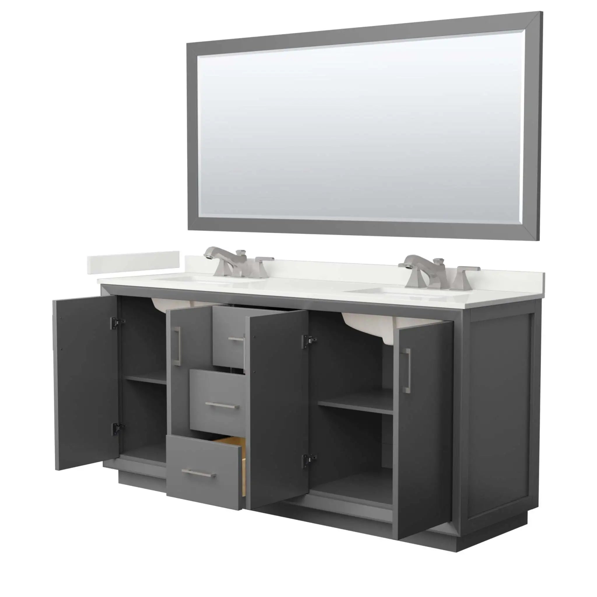 72" Strada Double Bathroom Vanity in Dark Gray with Brushed Nickel Trim & 70" Mirror by Wyndham