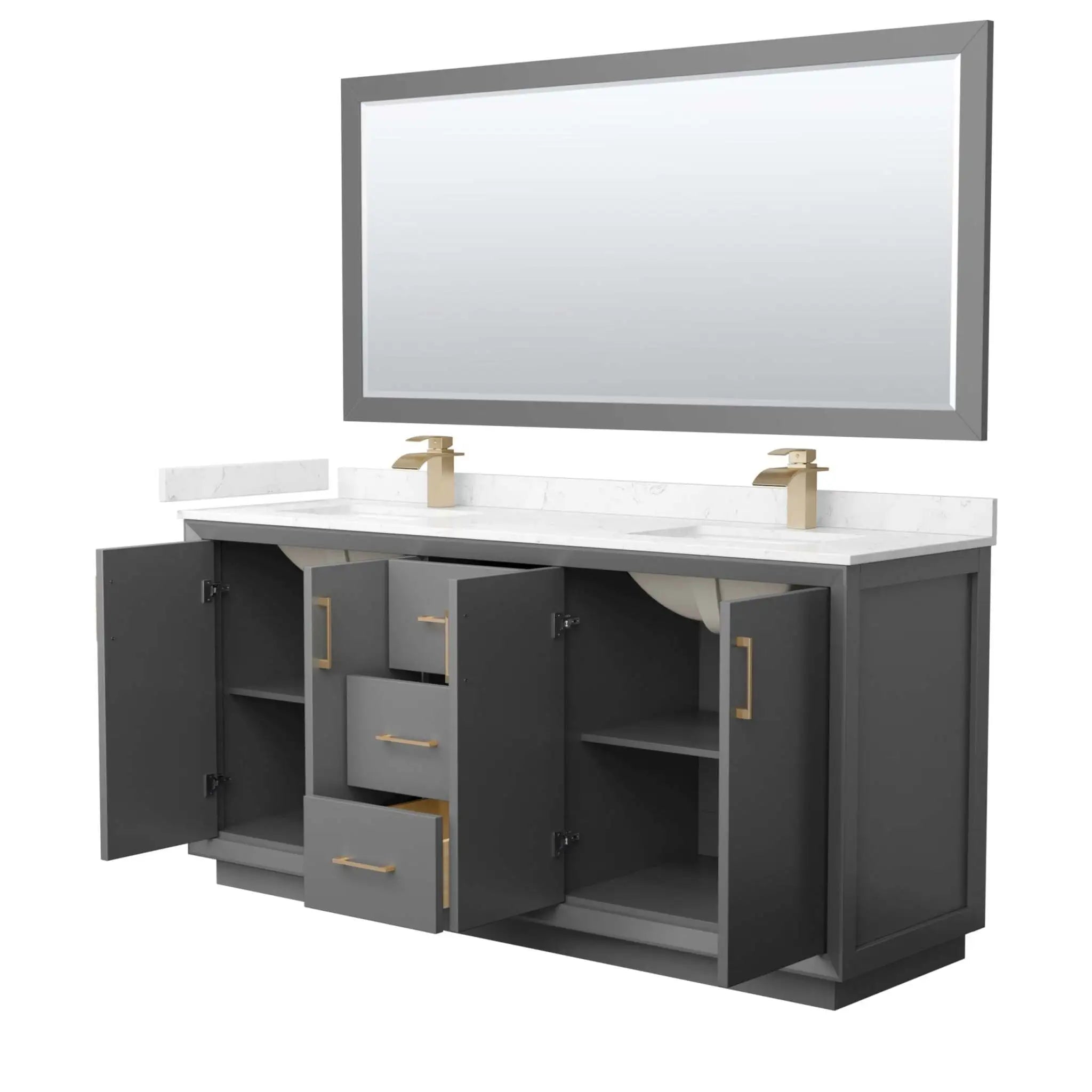 72" Strada Double Bathroom Vanity in Dark Gray with Satin Bronze Trim & 70" Mirror by Wyndham