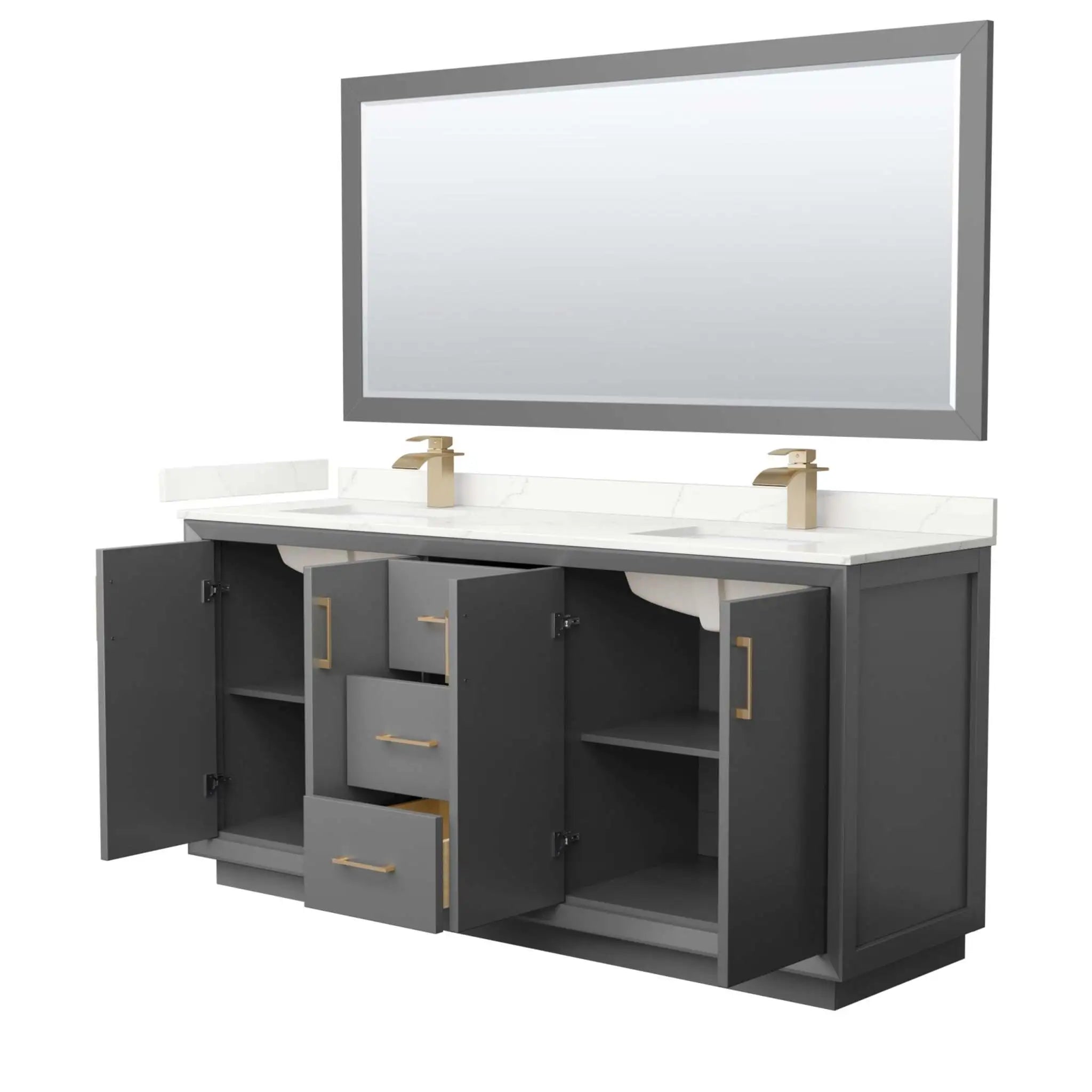 72" Strada Double Bathroom Vanity in Dark Gray with Satin Bronze Trim & 70" Mirror by Wyndham