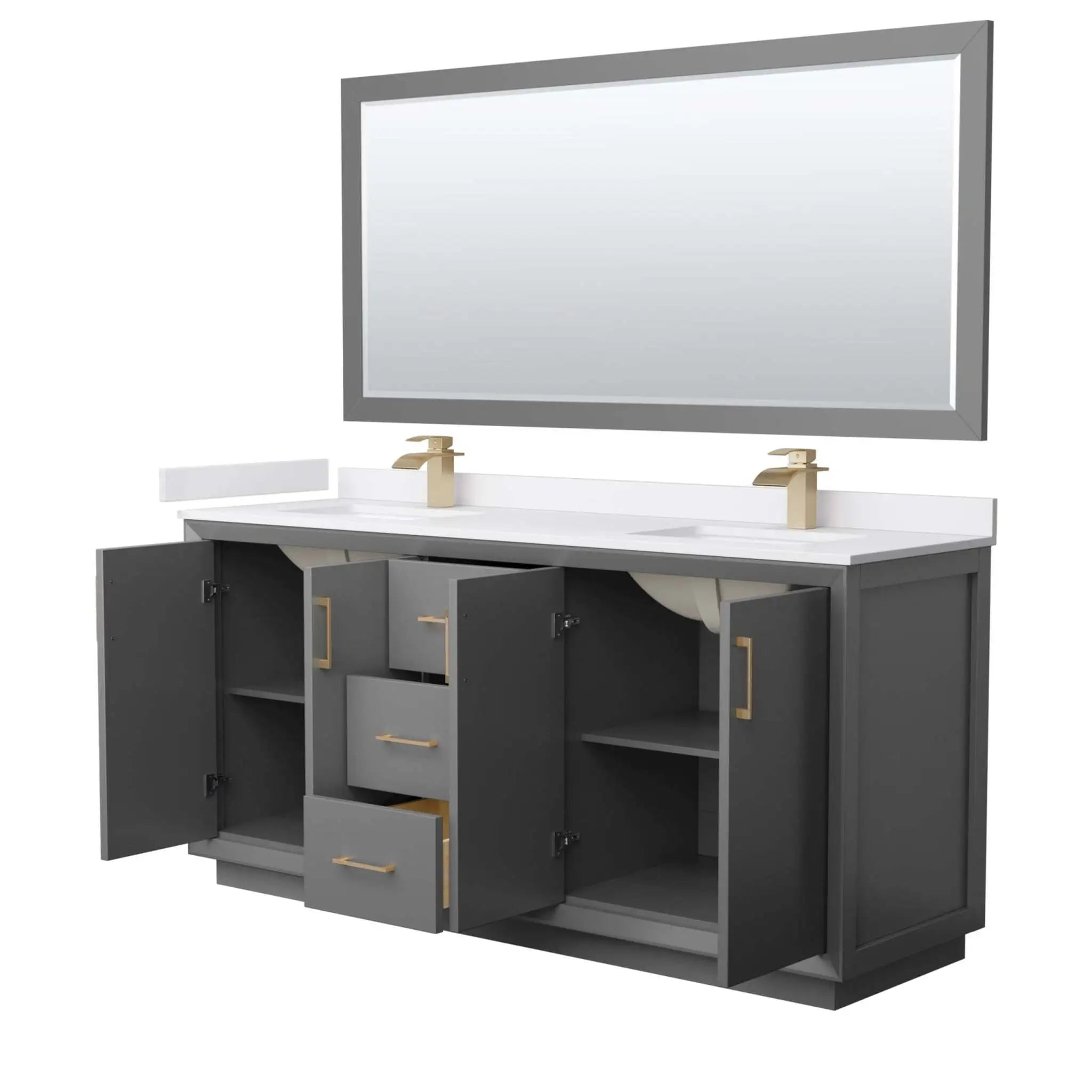 72" Strada Double Bathroom Vanity in Dark Gray with Satin Bronze Trim & 70" Mirror by Wyndham
