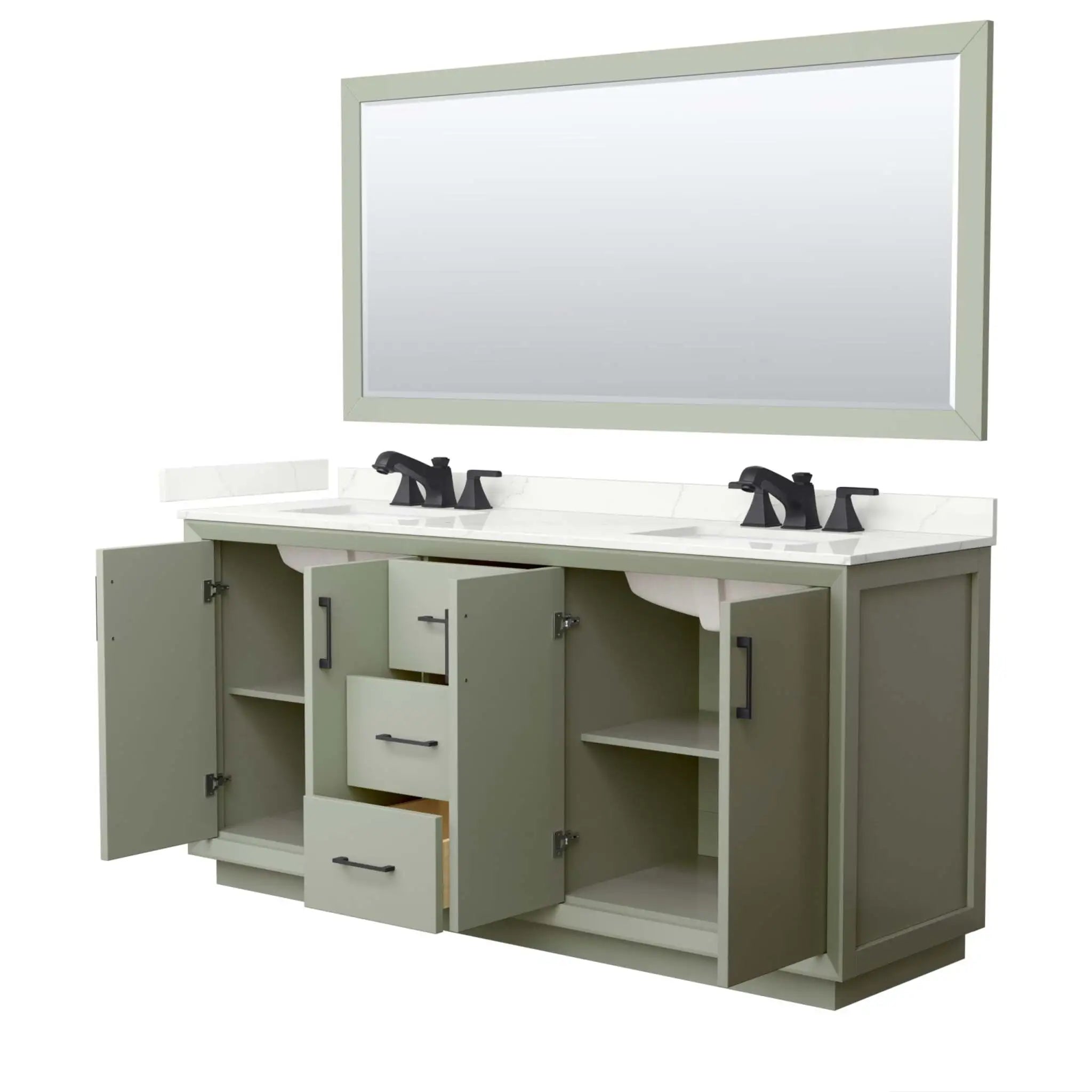 72" Strada Double Bathroom Vanity in Light Green with Matte Black Trim & 70" Mirror by Wyndham