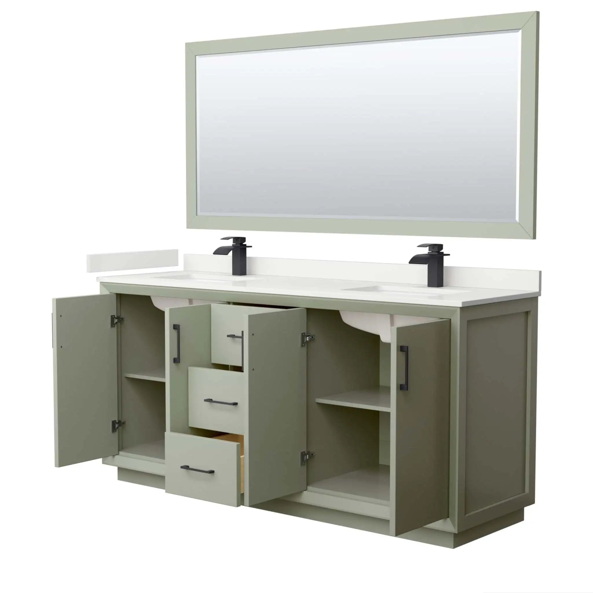72" Strada Double Bathroom Vanity in Light Green with Matte Black Trim & 70" Mirror by Wyndham