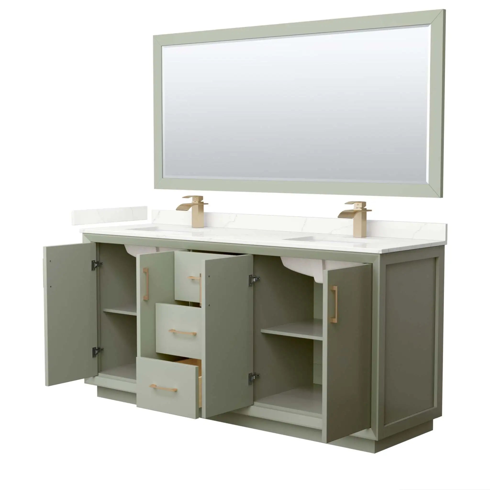 72" Strada Double Bathroom Vanity in Light Green with Satin Bronze Trim & 70" Mirror by Wyndham